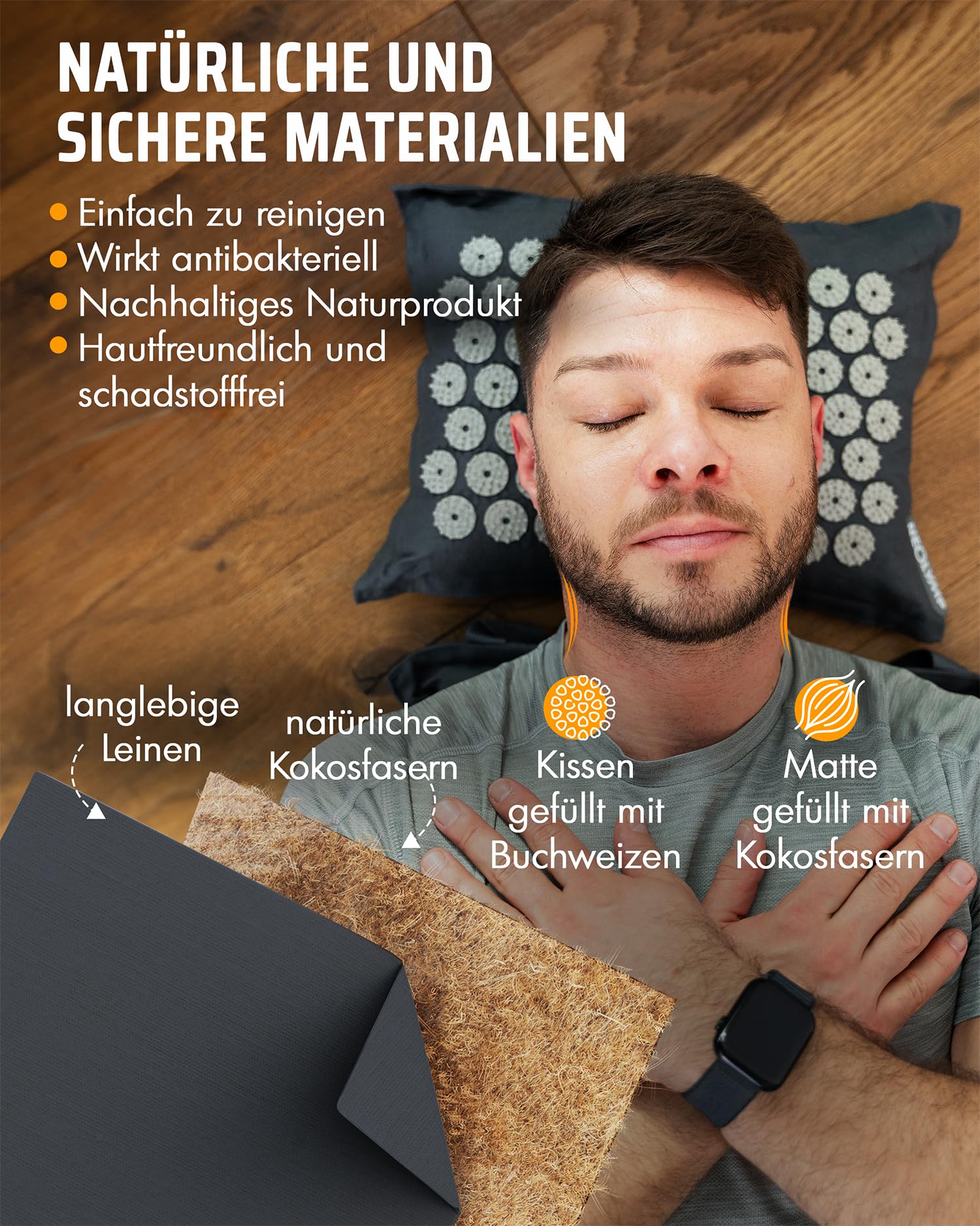 NEOLYMP Akupressurmatte mit Kissen und Eingewöhnungstuch, gefüllt mit Kokosfasern und Buchweizen - Massagematte mit 7.452 Druckpunkten - Videoanleitungen mit Akupunktur Matte Übungen (dunkelgrau)