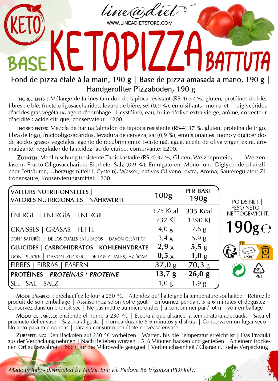 2 fonds de pizza keto Line@diet | 2 paquets de fonds de pizza sans sucre de 190 g, riches en protéines et en fibres | étalés à la main en Italie