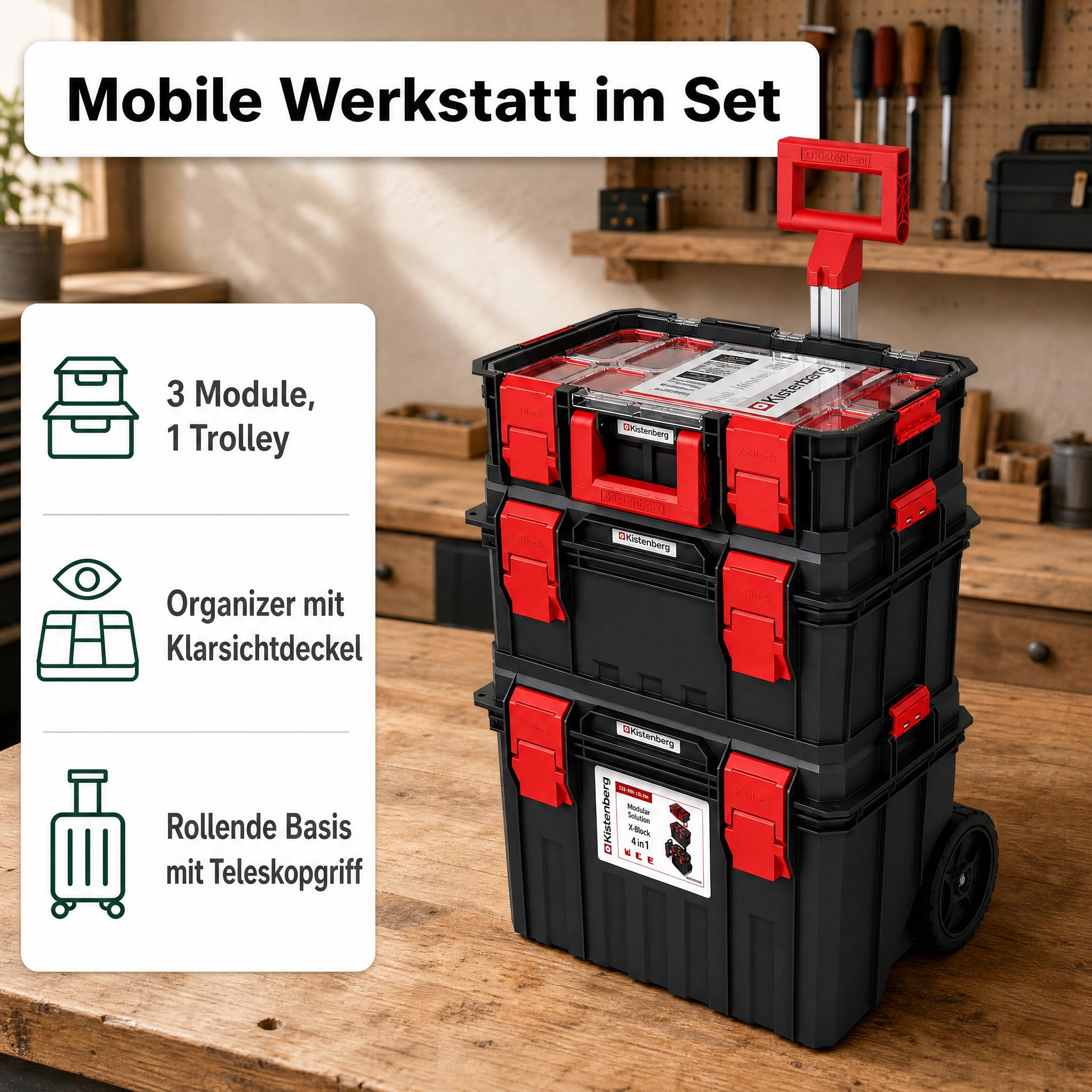 Carrello degli attrezzi, 530 x 355 x 825 mm, cassetta degli attrezzi con ruote | Officina con ruote, con organizer, scatola assortita e chiusure a clip X-Block, mobile, impilabile, modularmente espandibile