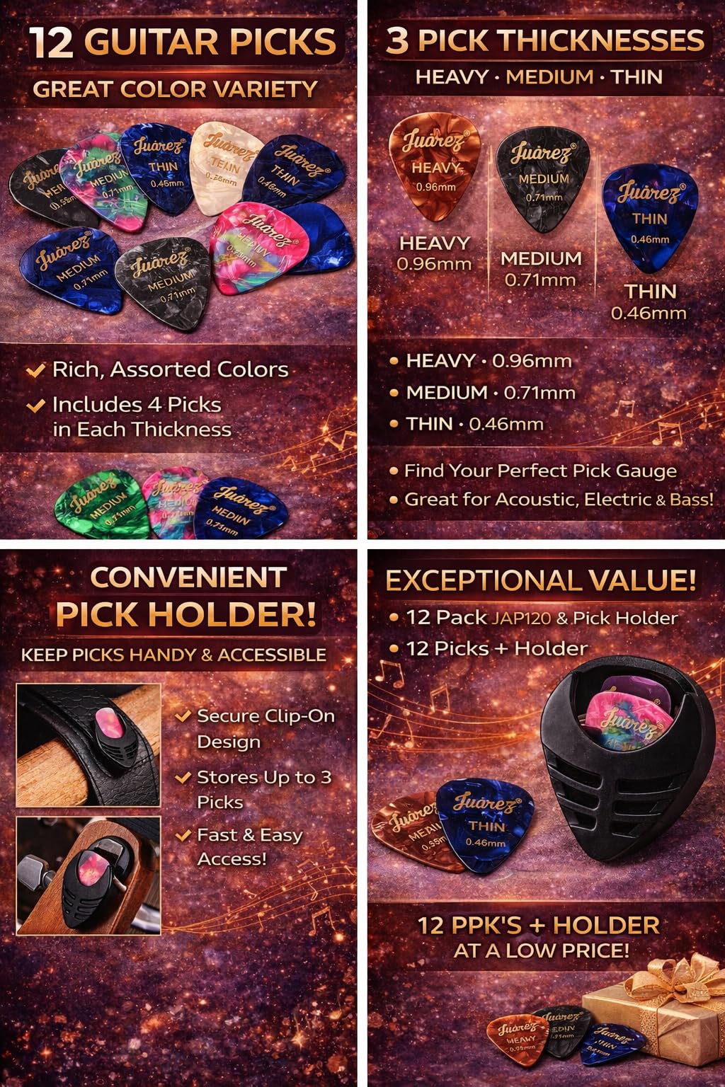 Juarez JAP120 Guitar Pick Set – 12 Premium Picks with 1 Pick Holder | Assorted Thickness (Thin, Medium, Heavy) for Acoustic, Electric & Bass Guitars | Durable, Colorful Picks with Holder — Amazon image 5