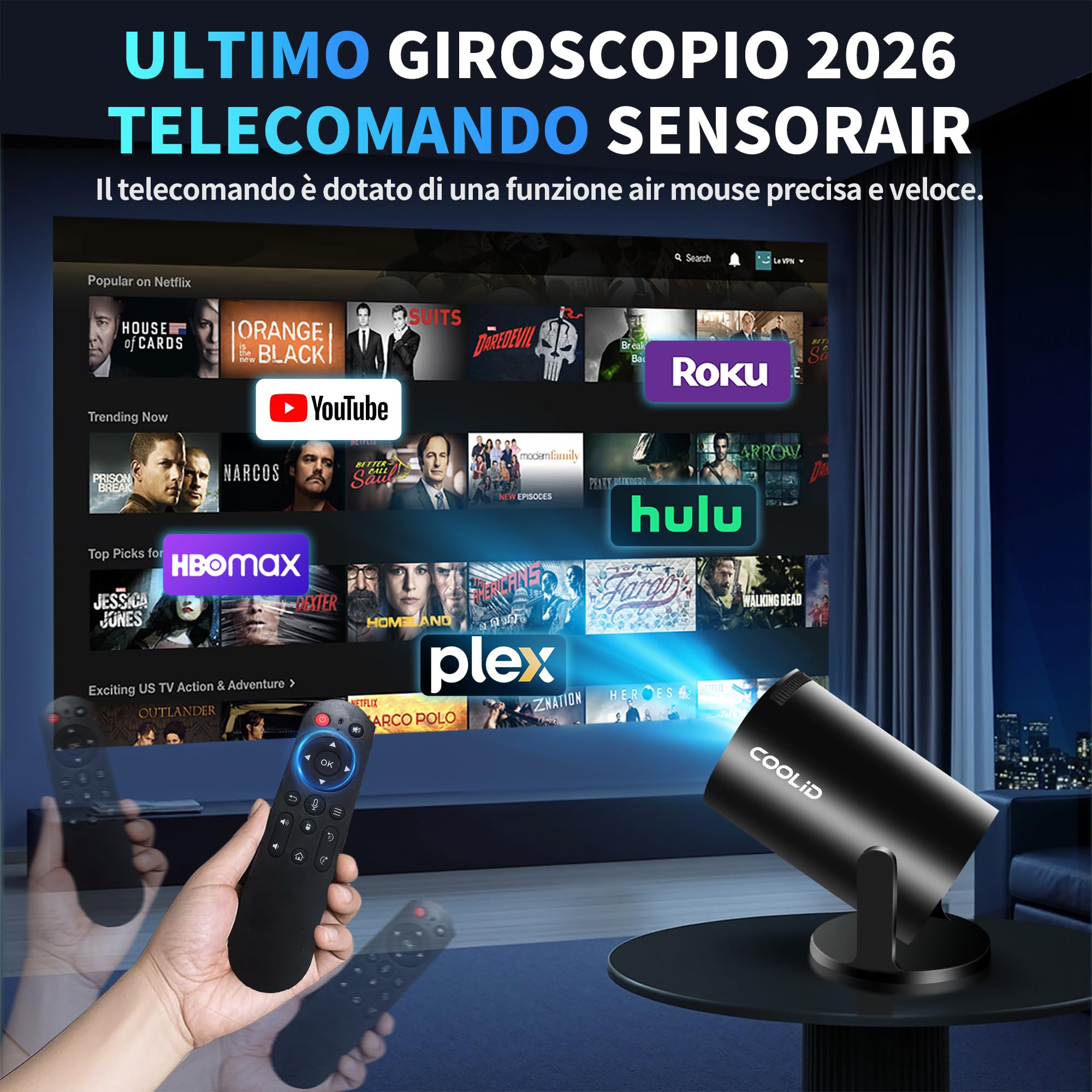 Mini Proiettore [App Integrata & 2026 Upgraded] Proiettore Portatile 4K 1080P con 5G WiFi 6 e BT 5.4 Supporta Rotativo 180° Correzione Trapezoidale Automatica Applicabile TV Stick/USB/HDMI,Nero