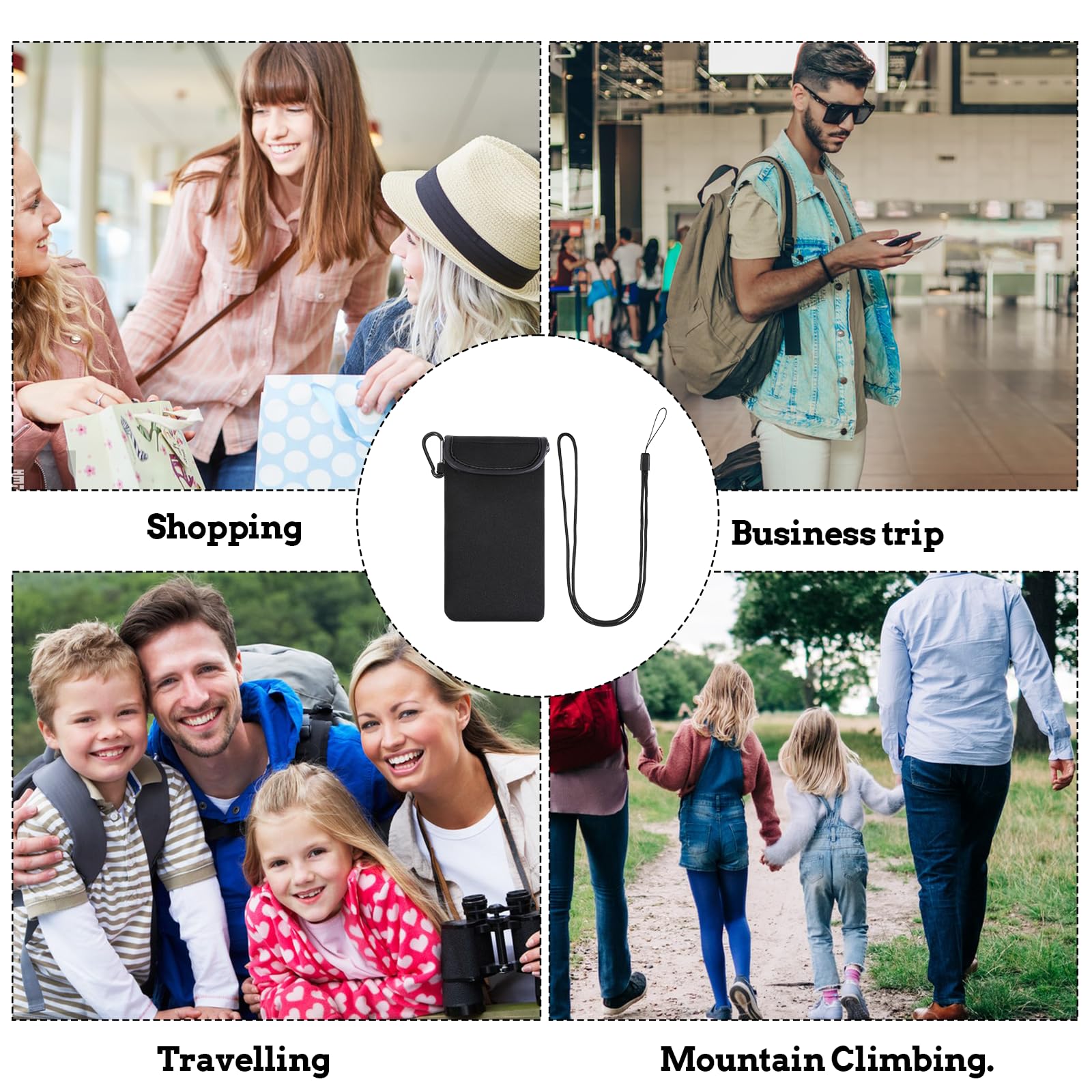 Neopren Handy Tasche mit Umhängeband und Karabiner Universelle Handytasche 7 Zoll Lang (Schwarz)