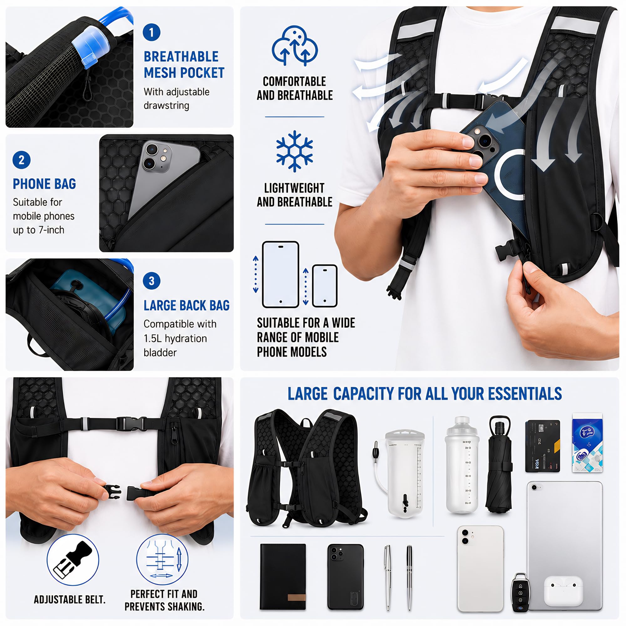 Hydration Bag with 2L Water Bladder, Bottle & Mobile Holder Pouch | Reflective Running Vest for Men & Women | Breathable Hydration Vest for Running, Cycling, Hiking, Trekking & Bike Riders (Black) 3