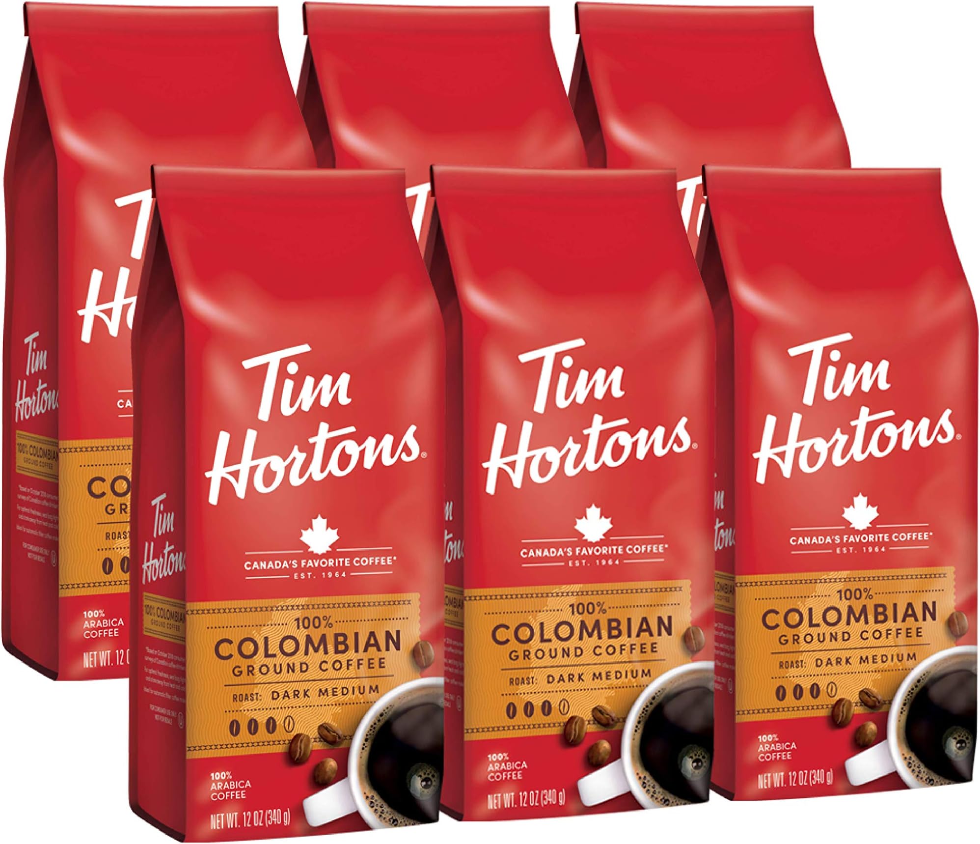 Tim Hortons Colombian, Medium-Dark Roast Ground Coffee, Perfectly Balanced, Always Smooth, Made with 100% Arabica Beans, 12 Ounce (Pack of 6)