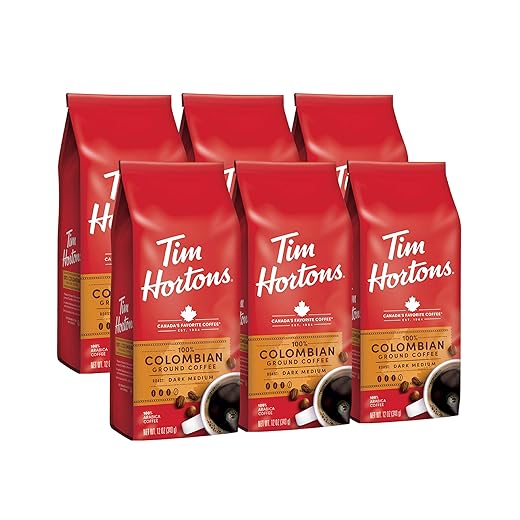 Tim Hortons Colombian, Medium-Dark Roast Ground Coffee, Perfectly Balanced, Always Smooth, Made with 100% Arabica Beans, 12 Ounce (Pack of 6)