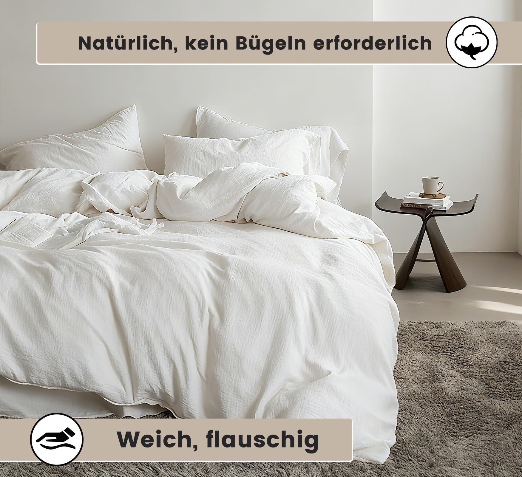 Musselin Bettwäsche 135x200 cm mit Kissenbezug 80x80 Weiß | 100% Baumwolle, blickdichter Musselin, atmungsaktiv, weich, Ganzjahresbettwäsche, OEKO-TEX Standard 100