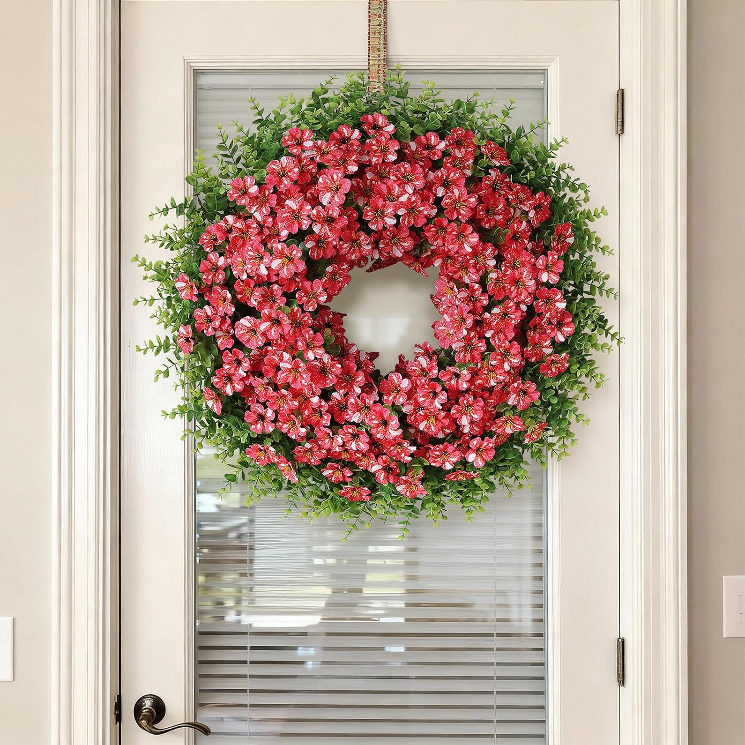 26" Artificial Flower & Eucalyptus Wreath - Faux Starry Sky Morning Glory Flowers and Eucalyptus Leaves Wreath, Spring Summer Wreath for Wall Window Farmhouse Festival Party Decor (Rose Red)