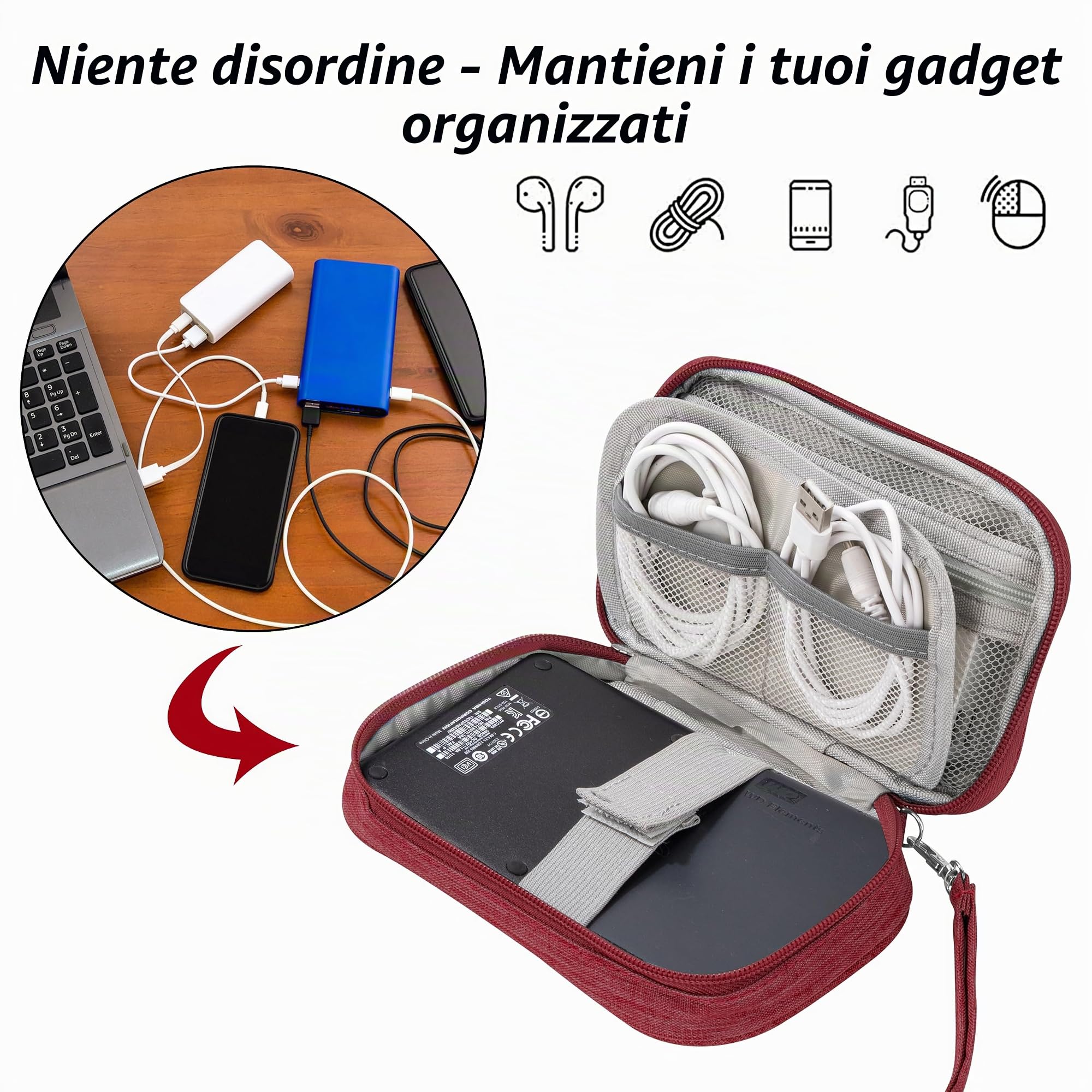 Tunejoy Borsa Accessori Elettronici Piccola Custodia da Viaggio per Cavi Organizer per Dischi ri… — immagine 8 di 9