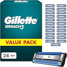 Gillette 24 Recharges De Lames De Rasoir Homme Mach3 Originelles, Pack De Cartouches avec Un Porte-clés, 3 Lames Affutées et Bande Lubrifiante pour Un Rasage Manuel du Visage Confortable