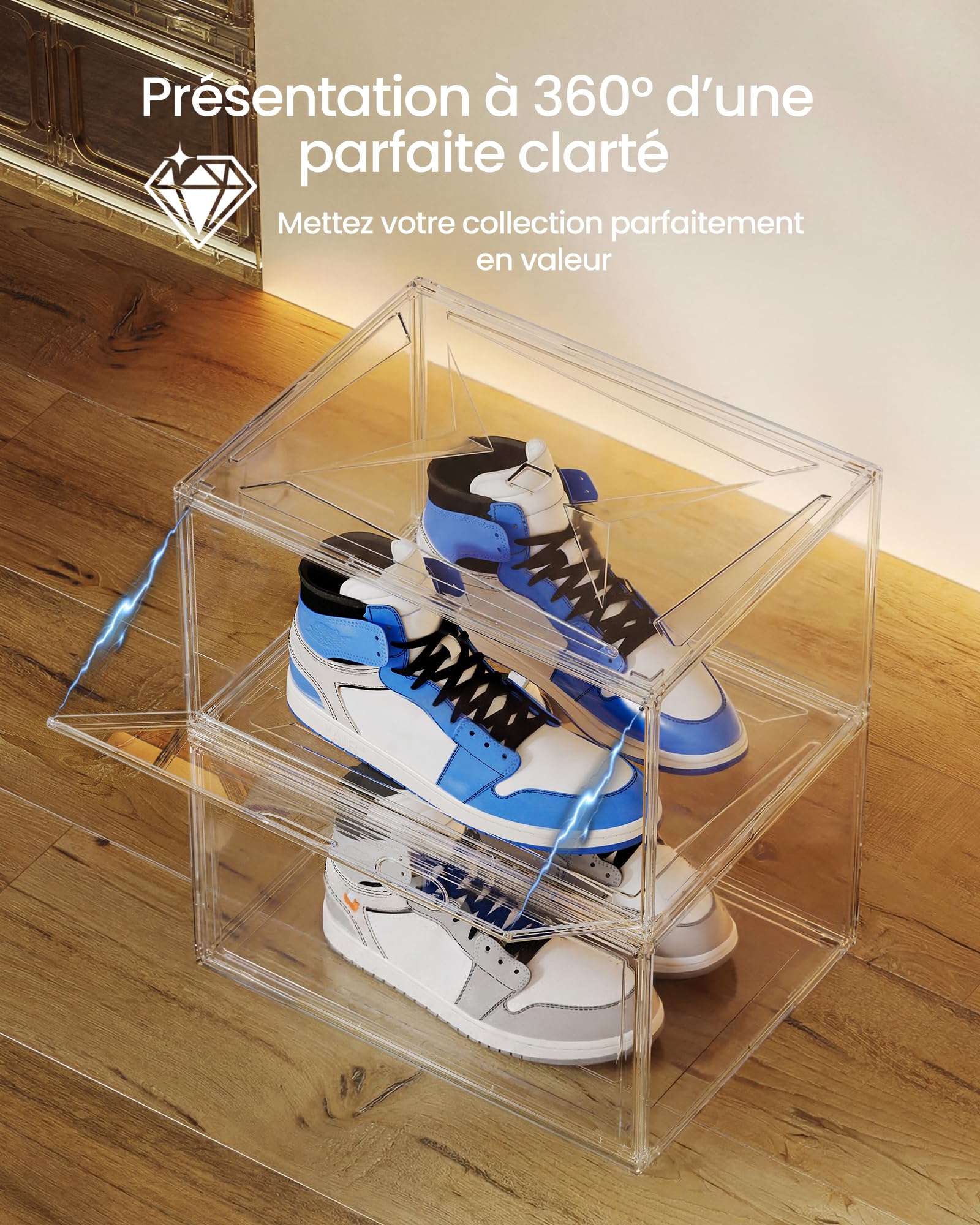 SONGMICS LSP703WH02 Lot de 3 boîtes à chaussures empilables transparentes, organiseurs pour chaussures, jusqu'à la taille 47, porte magnétique, en plastique, lot de 3