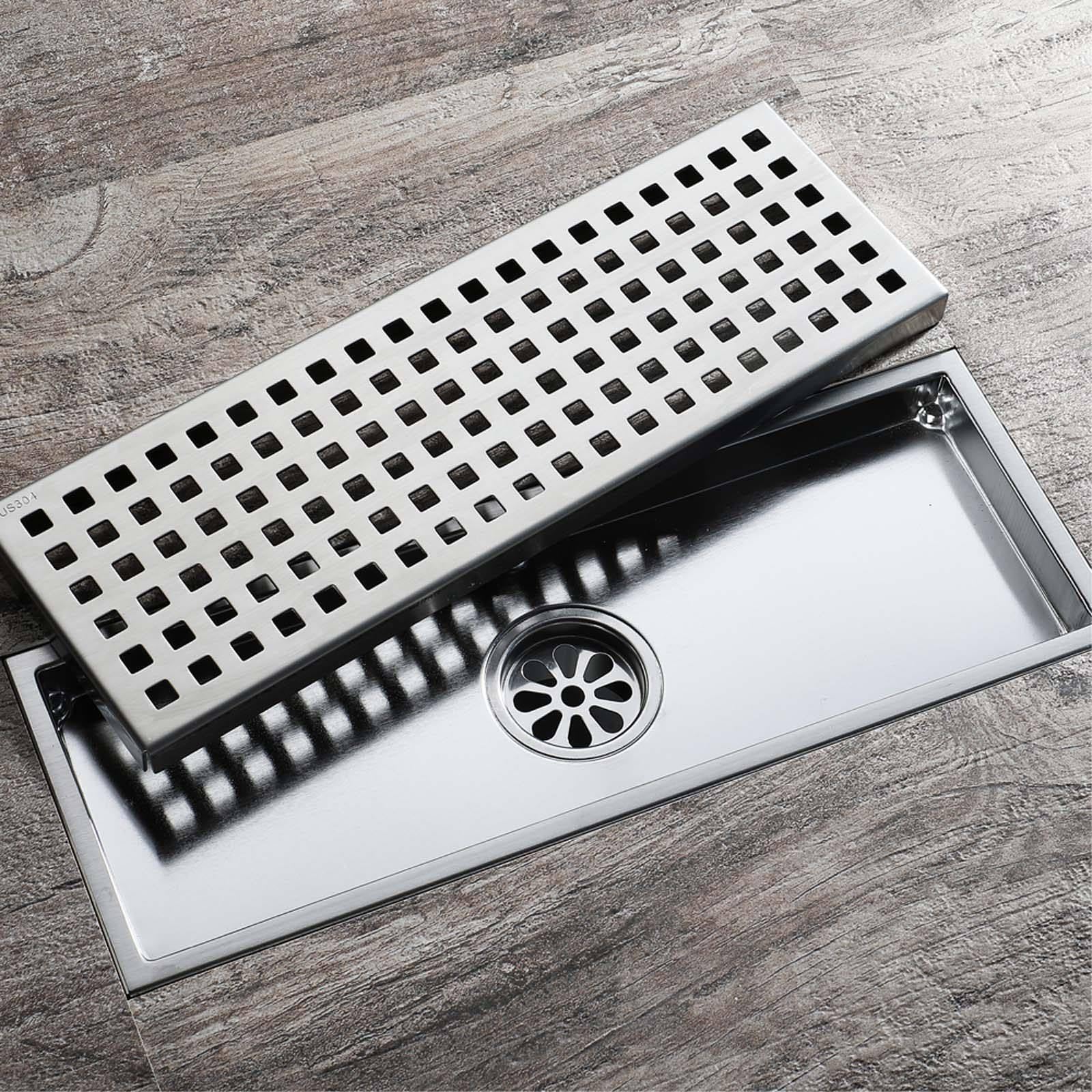 Bonde Douche Style Long Siphon Douche Acier Inoxydable Bonde de Douche Rectangle Bonde Douche Extra Plate Moderne et Simple Siphon de Sol Anti-Odeur Convient pour Cuisine, Salle de Bain