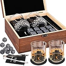 GOLDGE 14 Pieces Whisky Stones Gift Set, 8 Reusable Ice Cubes + 2 Whiskey Glasses + 2 Coasters + Tongs + Bag, Whisky Stones with Wooden Box for Christmas Gift
