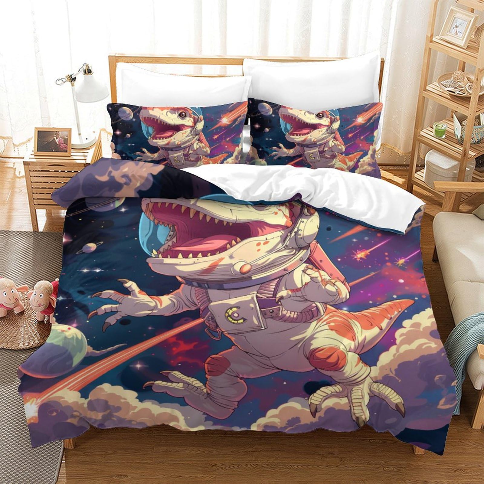 ENYISIYULO Dinosaur Duvet Cover Set Bedding Set 3D Microfiber Comforter Cover with Pillow Shams, 2 Piece Set, Zipper Quilt Cover Double（200x200cm）