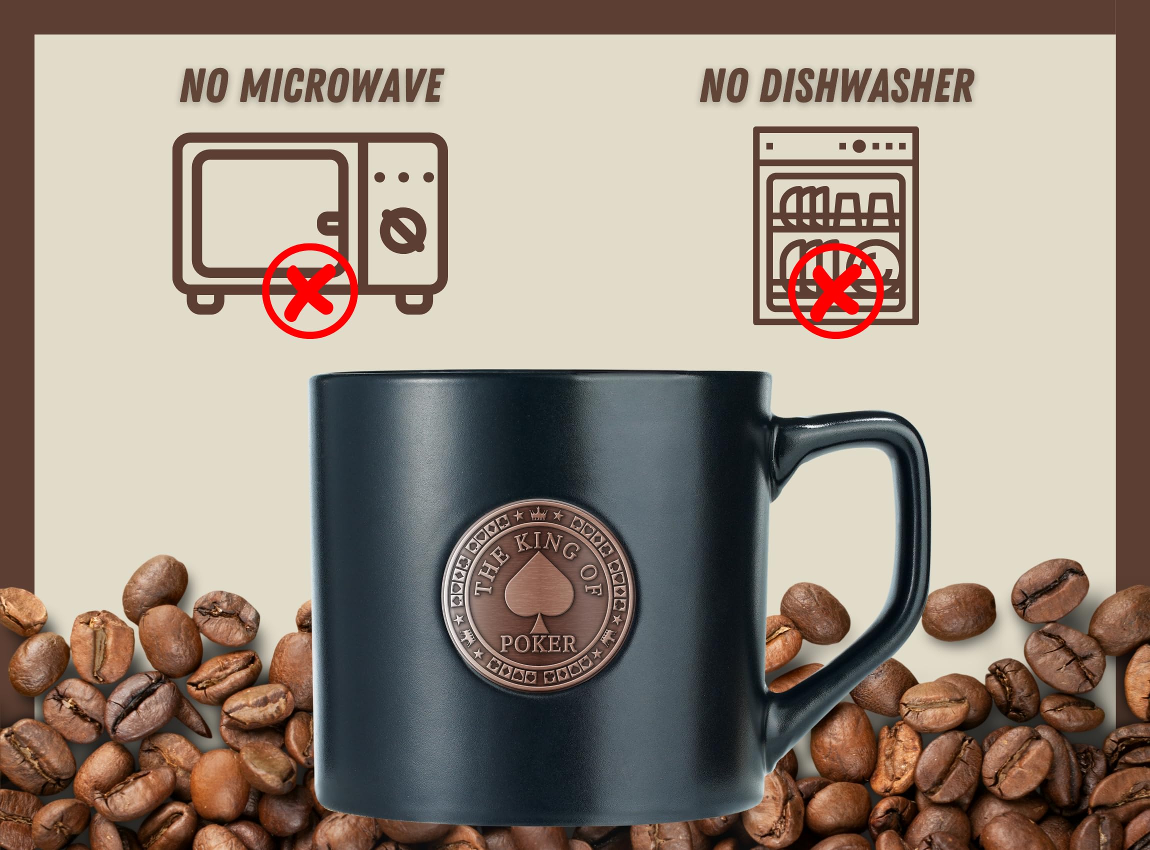 Onebttl Poker Gifts for Men & Women, Funny Poker Gifts for Poker Lovers & Player, Friends, Family, Coworkers, 15 oz Black Ceramic Coffee Mug with a Metal Badge, The King of Poker - Bronze Color Badge