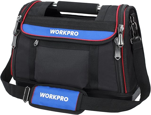 WORKPRO 15-inch Heavy Duty Tool Bag, Waterproof Bottom & Wide Open Mouth Hard Base Multifonctional Tool Storage Organiser, Adjustable Shoulder Strap