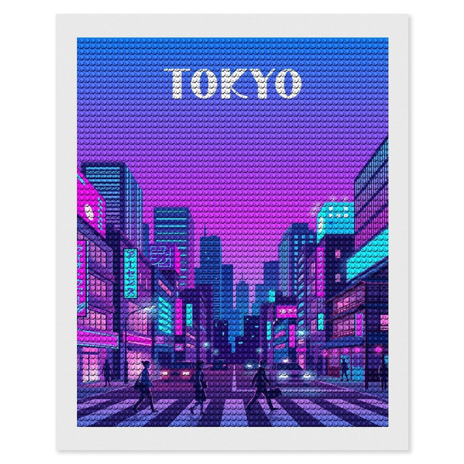 Junmoney Tokyo Neon Cityscape Diamond Art Kit 16"x20", Vintage Style Decor, Stress Relief Craft, Decor Project, Relaxing DIY, Creative Hobby