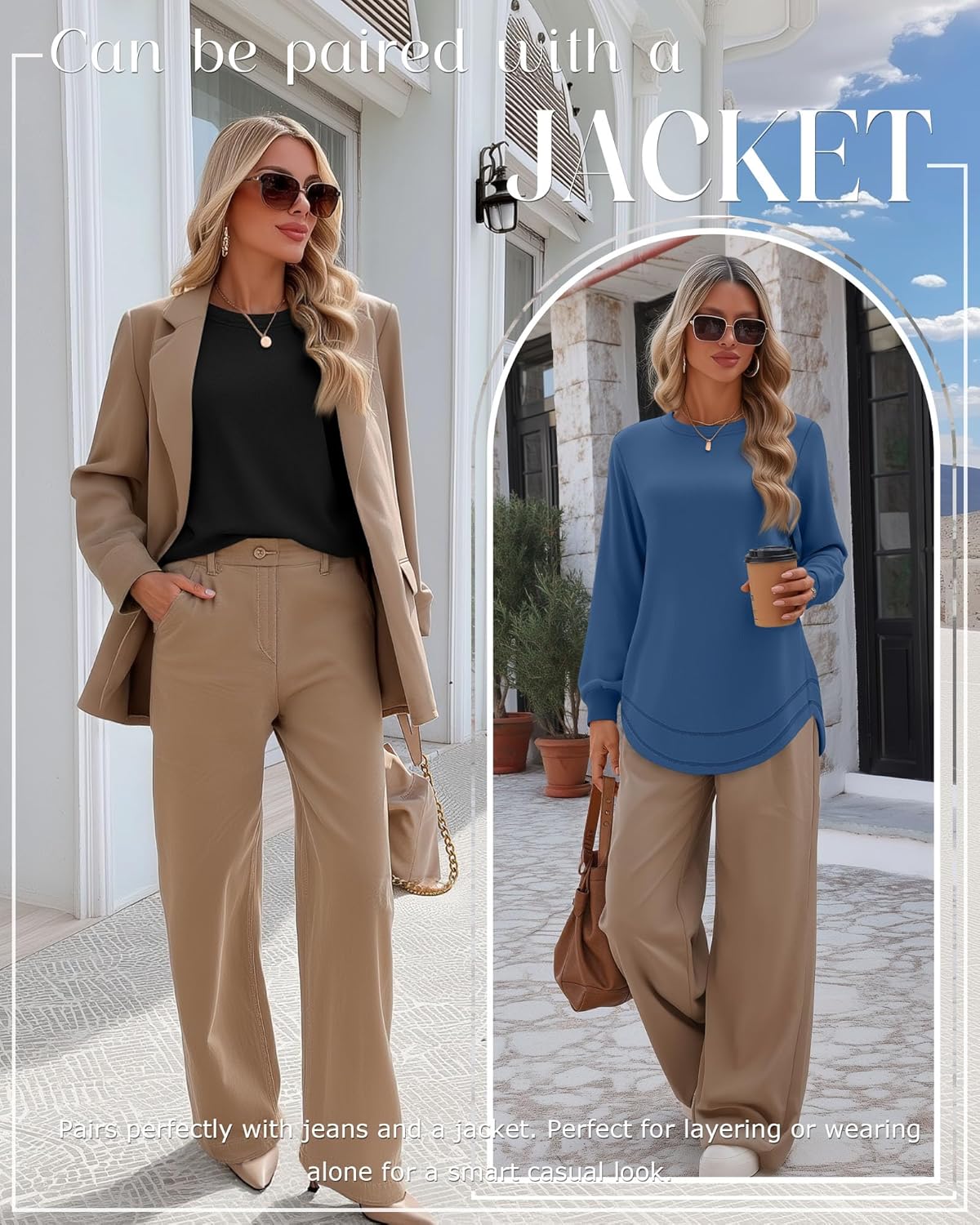 Ficerd 3 Pack Women's Long Sleeve Shirts, Cotton Crew Neck Tunic Tops Casual Loose Fit Pullover Sweatshirts Curved Hem Shirts - Image 3