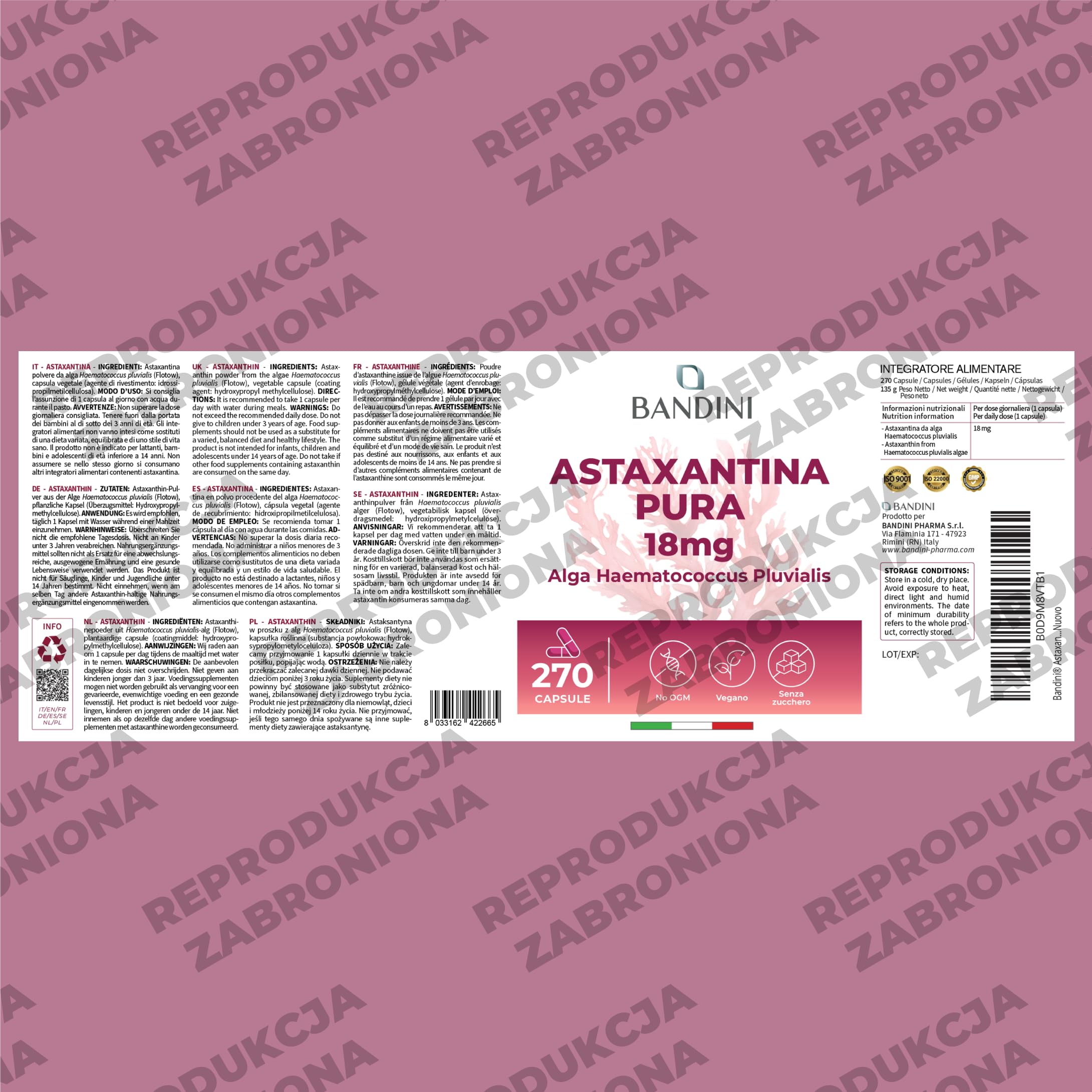 Bandini® Natural Astaxanthin - 18 mg 270 kapsułek - Najlepszy antyoksydant pozyskiwany z alg Haematococcus Pluvialis - chroni organizm przed utlenianiem - czysta astaksantyna