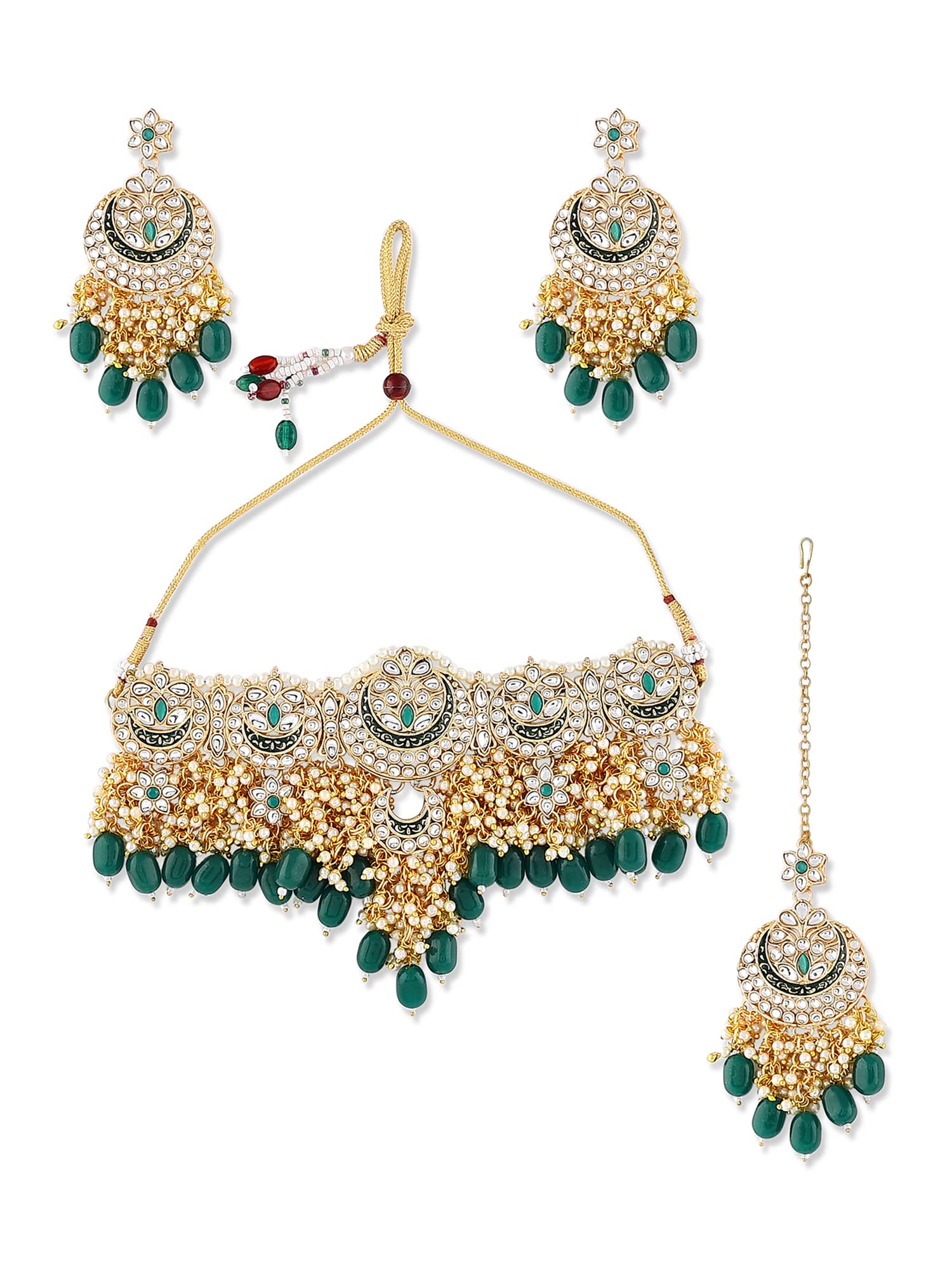 Green Meenakari Bridal Kundan Choker Necklace Earring & Maangtikka Set For Women-ZPFK10497