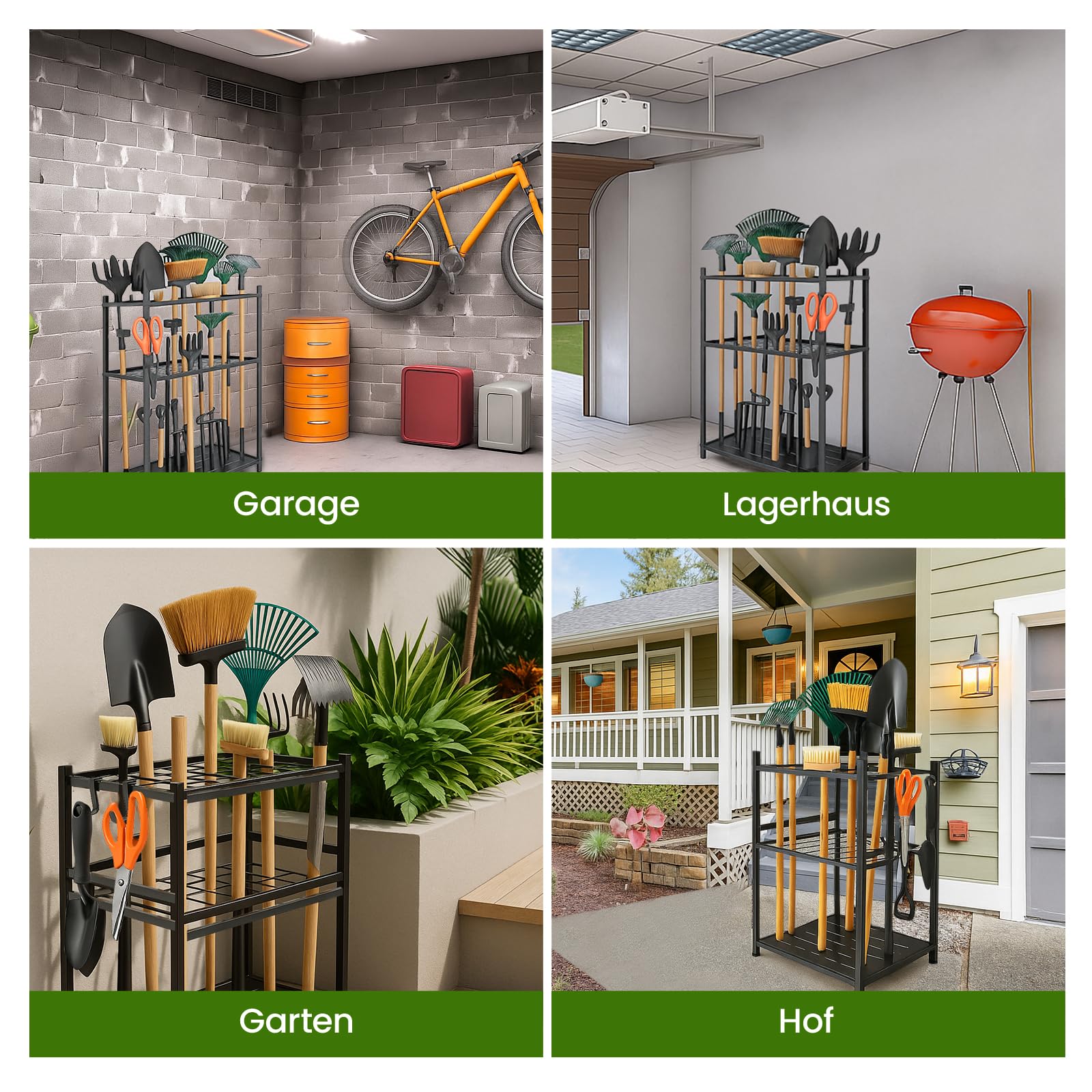 Gartenwerkzeug-Ständer aus Metall – Platz für 35 Werkzeuge, Höhenverstellbar & Kompakt | Ordnungssystem für Garage, Schuppen & Garten | Mit Haken für Rechen, Besen & mehr | Robuster Schwarzer Werkzeu