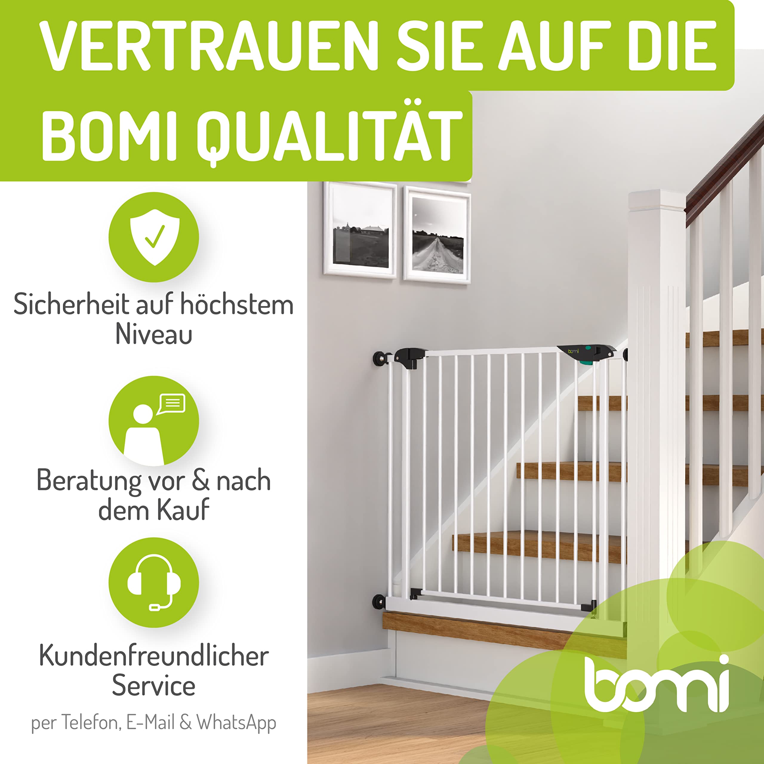 BOMI Schutzgitter Mira XXL Tür | Zum Klemmen | Schließt automatisch | Türschutzgitter schmal weiß Metall Selbstschließend | Treppenschutzgitter Türgitter Klemmgitter für Baby Welpe | Breite: 83-91 cm