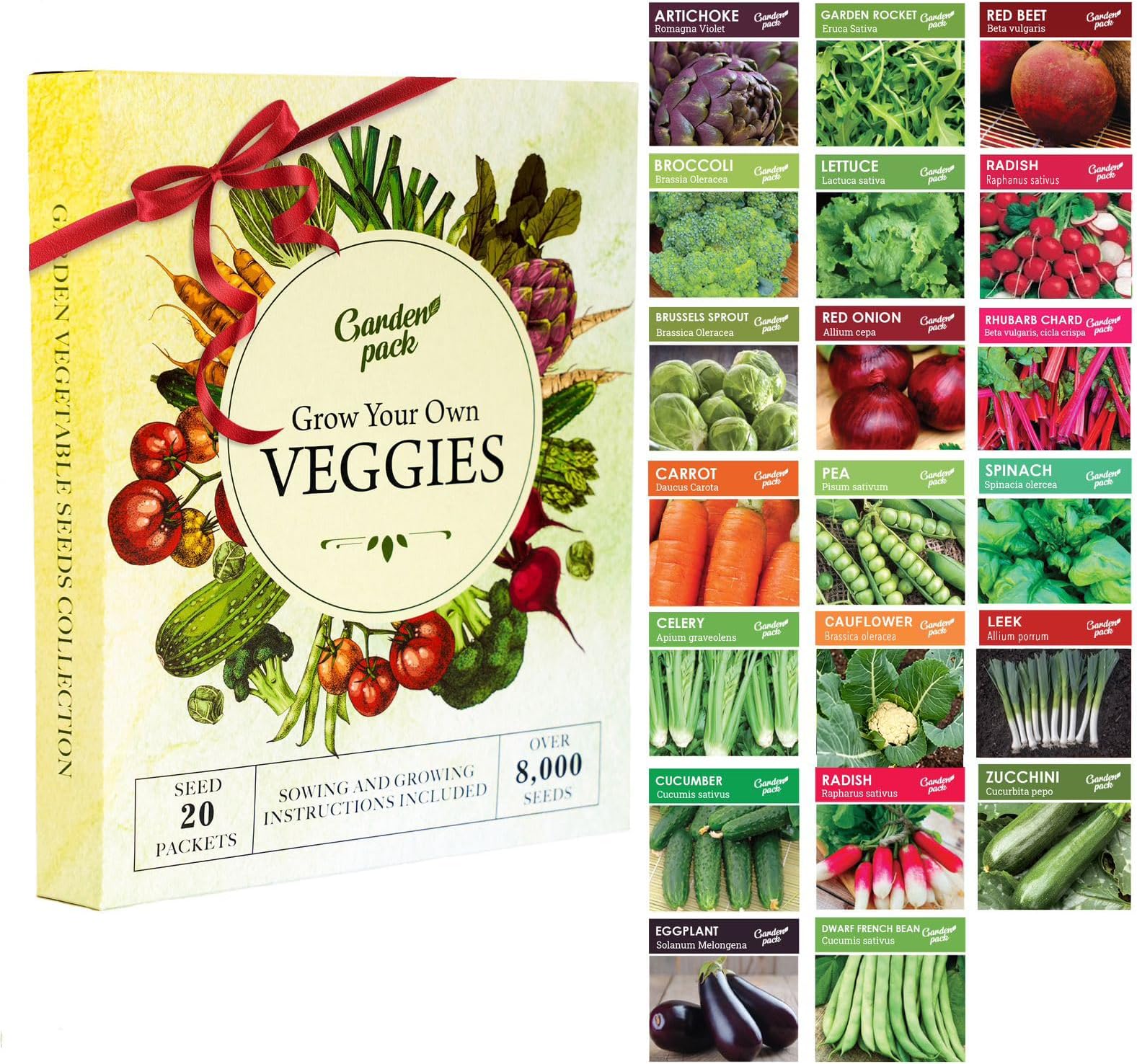 Garden Pack Grow Your Own Vegetable Seeds - 20 Packets Variety – High Yield Seeds for Growing Veggies at Home – 8,000 Heirloom Seeds Gardening Gifts