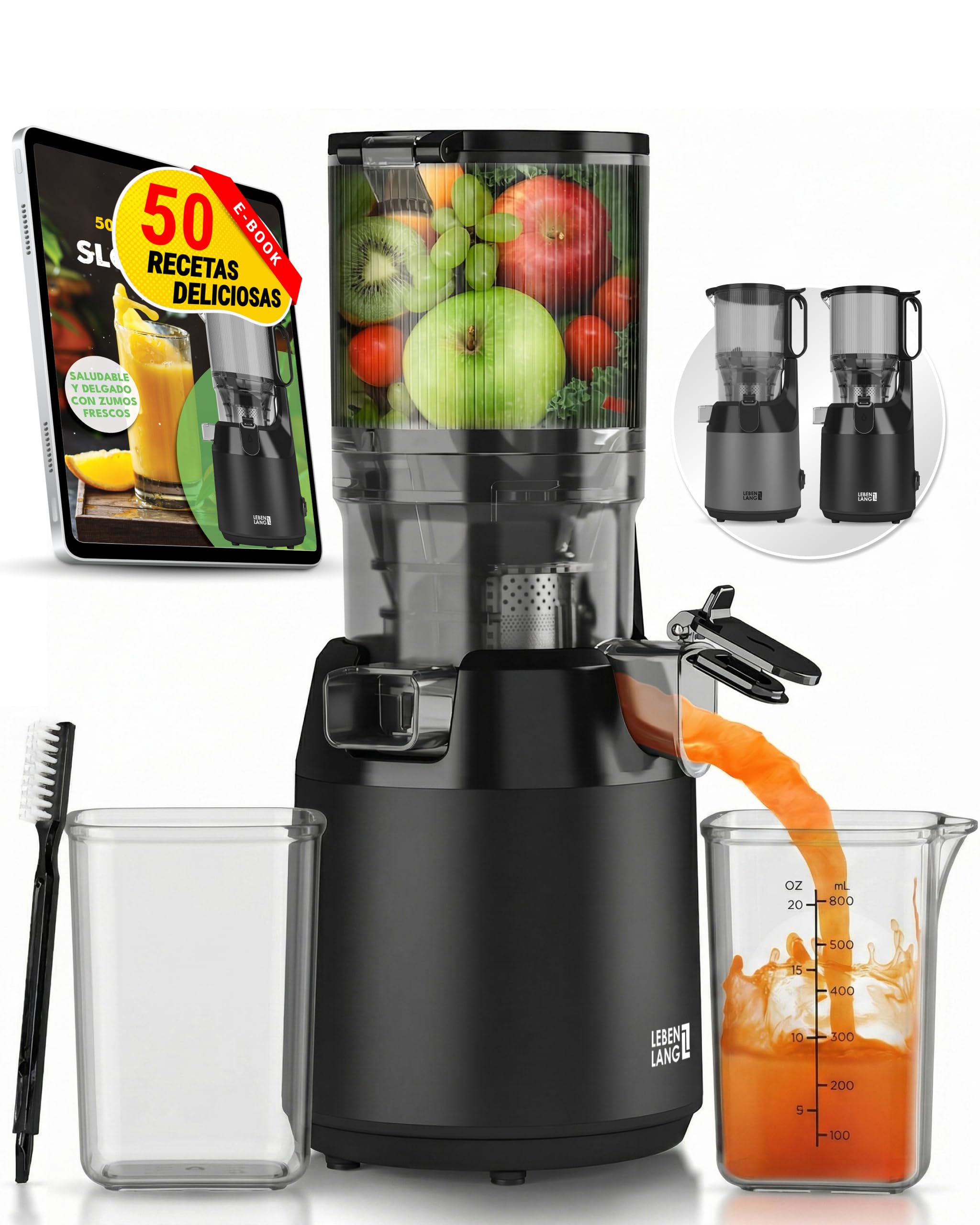 LEBENLANG Extractor de zumos y verduras - Incl. libro de recetas & gran abertura 130 mm I Perfecto para frutas enteras 100% libre de BPA I Licuadoras para batidos Slow Juicer machine prensado en frio