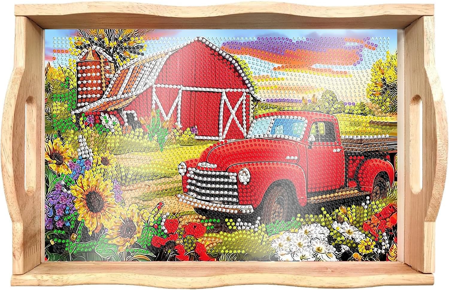DOTSOPS Red Car Diamond Painting Wooden Serving Tray with Handle for Adults