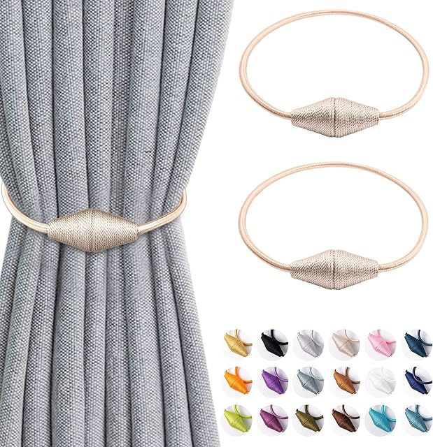 VEGCOO Magnetic Curtain Tie Backs, 1 Pair Curtain Rope Holdbacks in Beige, Window Curtain Buckles Window Tie Back Holders for Thin or Thick Home Office Hotel Window Decorative