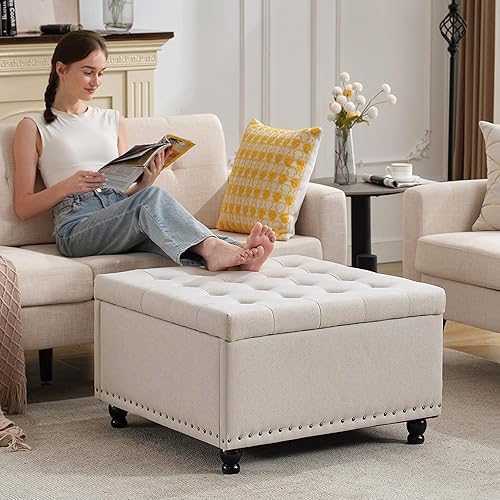 Tbfit Banco otomano de almacenamiento cuadrado grande, mesa de centro tapizada con botones con patas de madera, otomanas de almacenamiento de gran