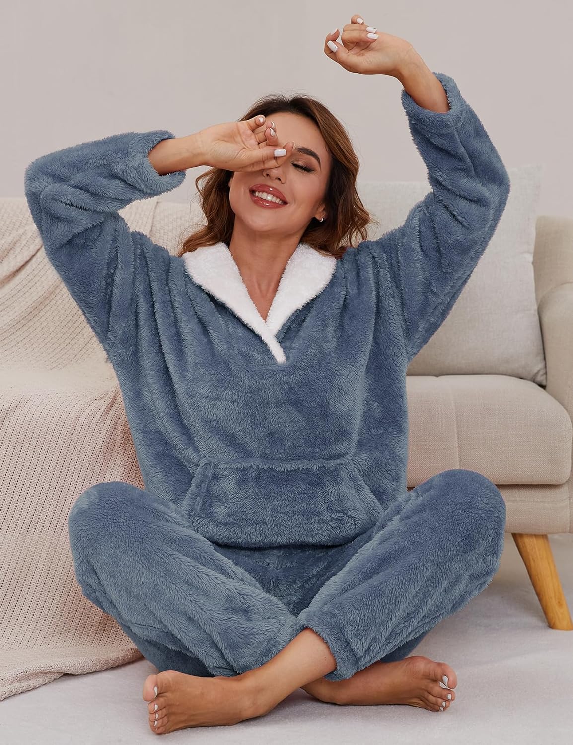 Women's Fluffy Fuzzy Pajamas Set Winter Warm Loose Plush Fleece PJS Lounge Pullover Pants Sets Cozy Sleepwear - Image 2
