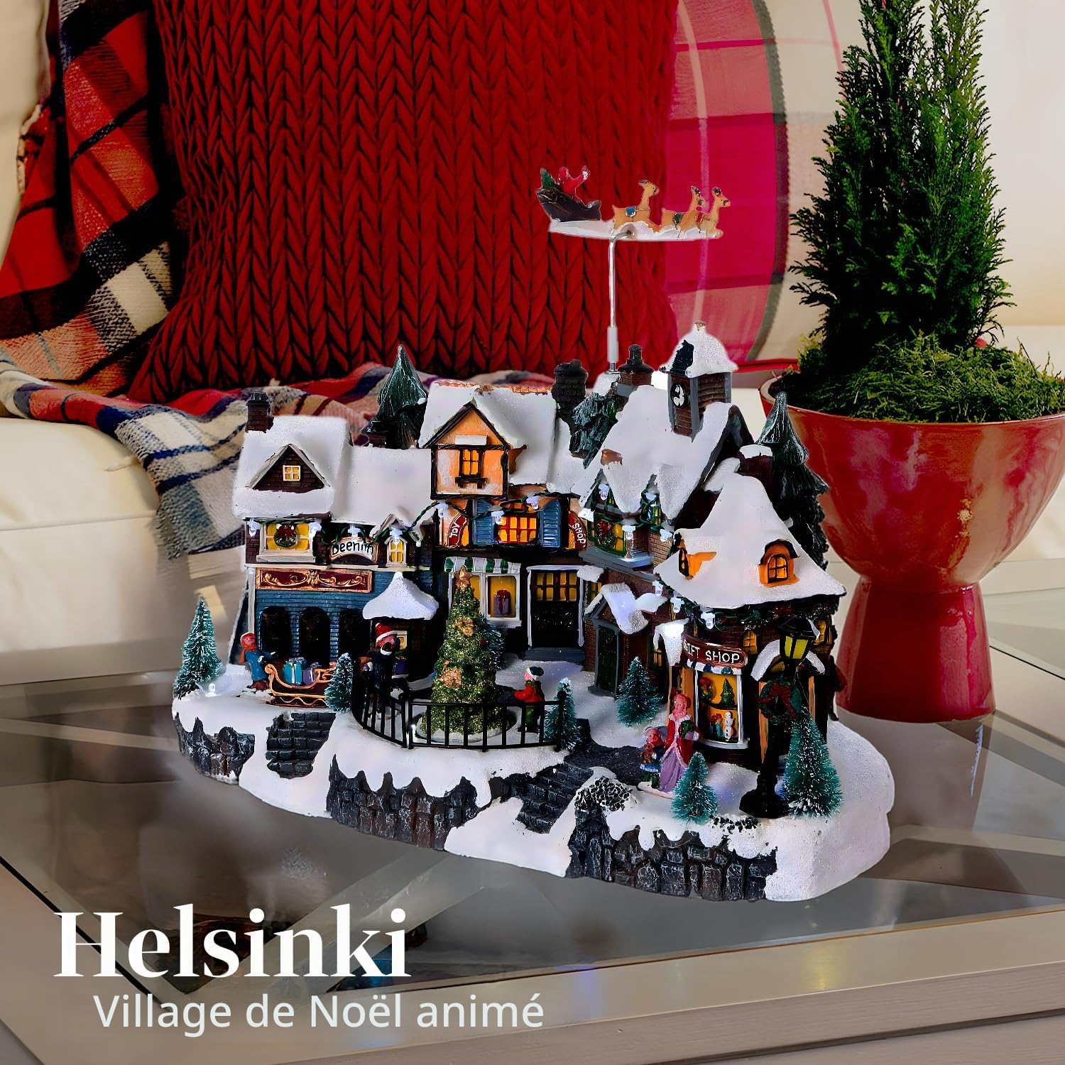 Avilia Village de Noël animé avec éclairage LED et Musique de Noël – Idéal pour décorer de manière Unique et Moderne Votre Maison – Fabriqué avec des matériaux résistants – 31 x 38 x 22 cm