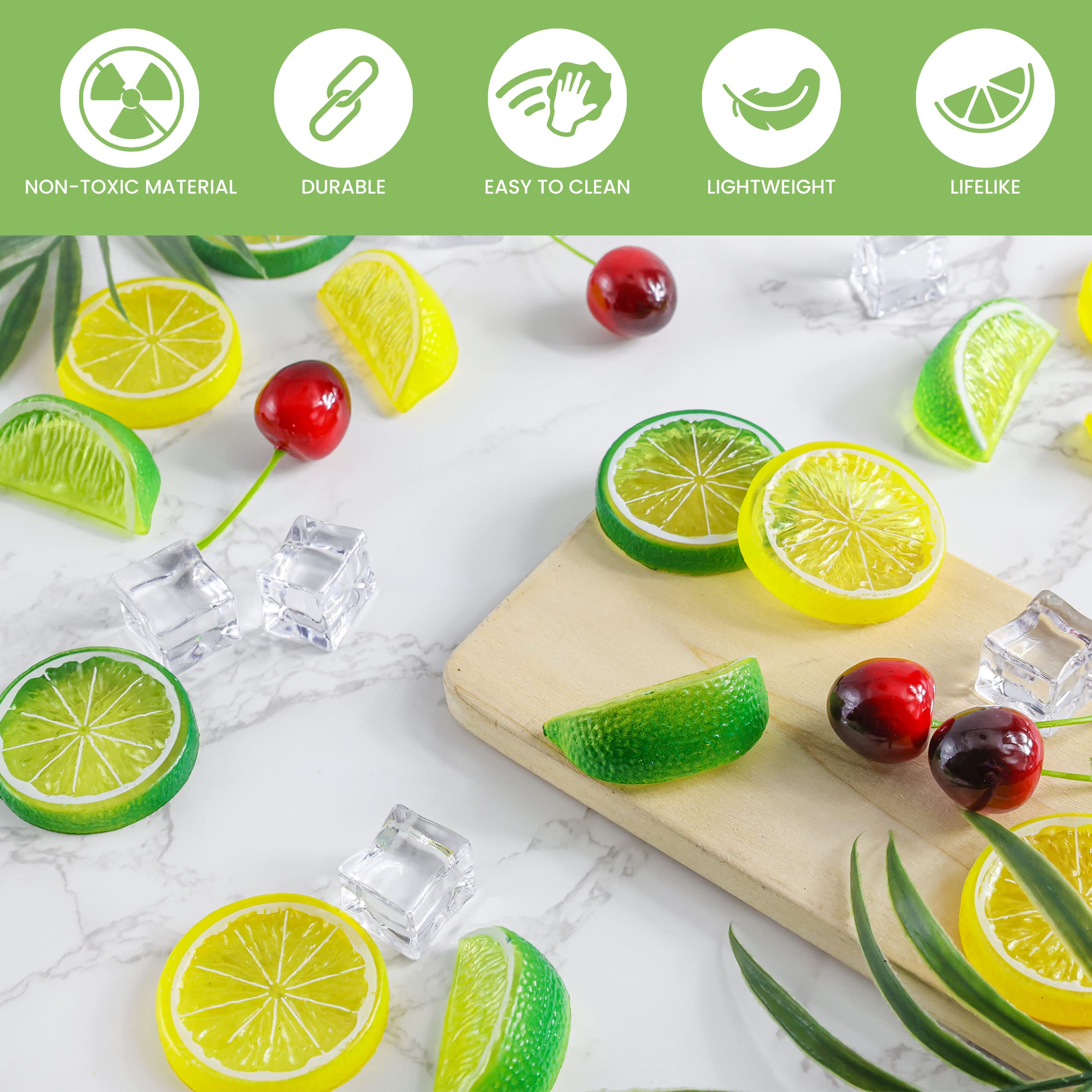 Tevrel70Pcs Artificial Lifelike Cherries Lemon Lime Slices and Wedges.Decorative Lemon Slices Lemon Blocks Red Black Cherries Fake Fruit Fake Crushed Ice Cube for Home Kitchen Party Wedding DIY Craft