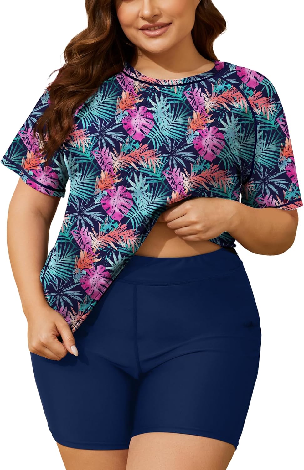 COOTRY Womens 2 Piece Plus Size Rash Guard Swimwear Short Sleeve Swimsuits Bathing Suit Swim Shirt and Shorts UPF 50+