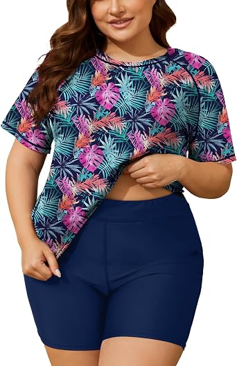 COOTRY Womens 2 Piece Plus Size Rash Guard Swimwear Short Sleeve Swimsuits Bathing Suit Swim Shirt and Shorts UPF 50+