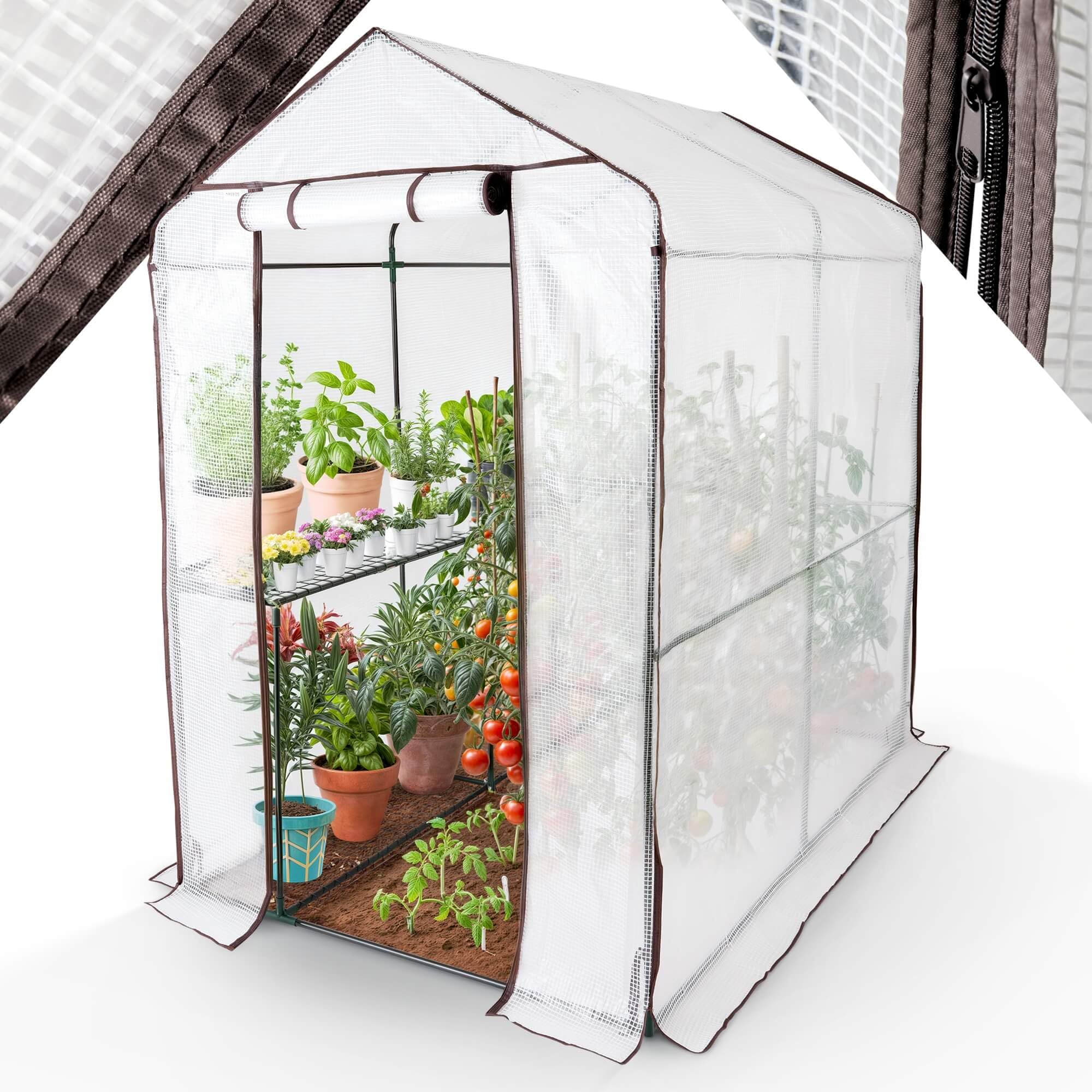 Arebos Serre en Film Premium 2 Niveaux 120 x 186 x 190 cm | Serre de Jardin Stable avec Étagères & Fenêtre d’Aération | Gain de Place | Structure Robuste pour Culture de Plantes