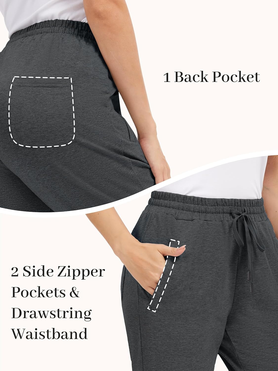 Tapata Petite Women's 26"/28" Inseam Sweatpants Cotton Lounge Yoga Pants Casual Open Bottom Workout Zipper Pocket Joggers - Image 5