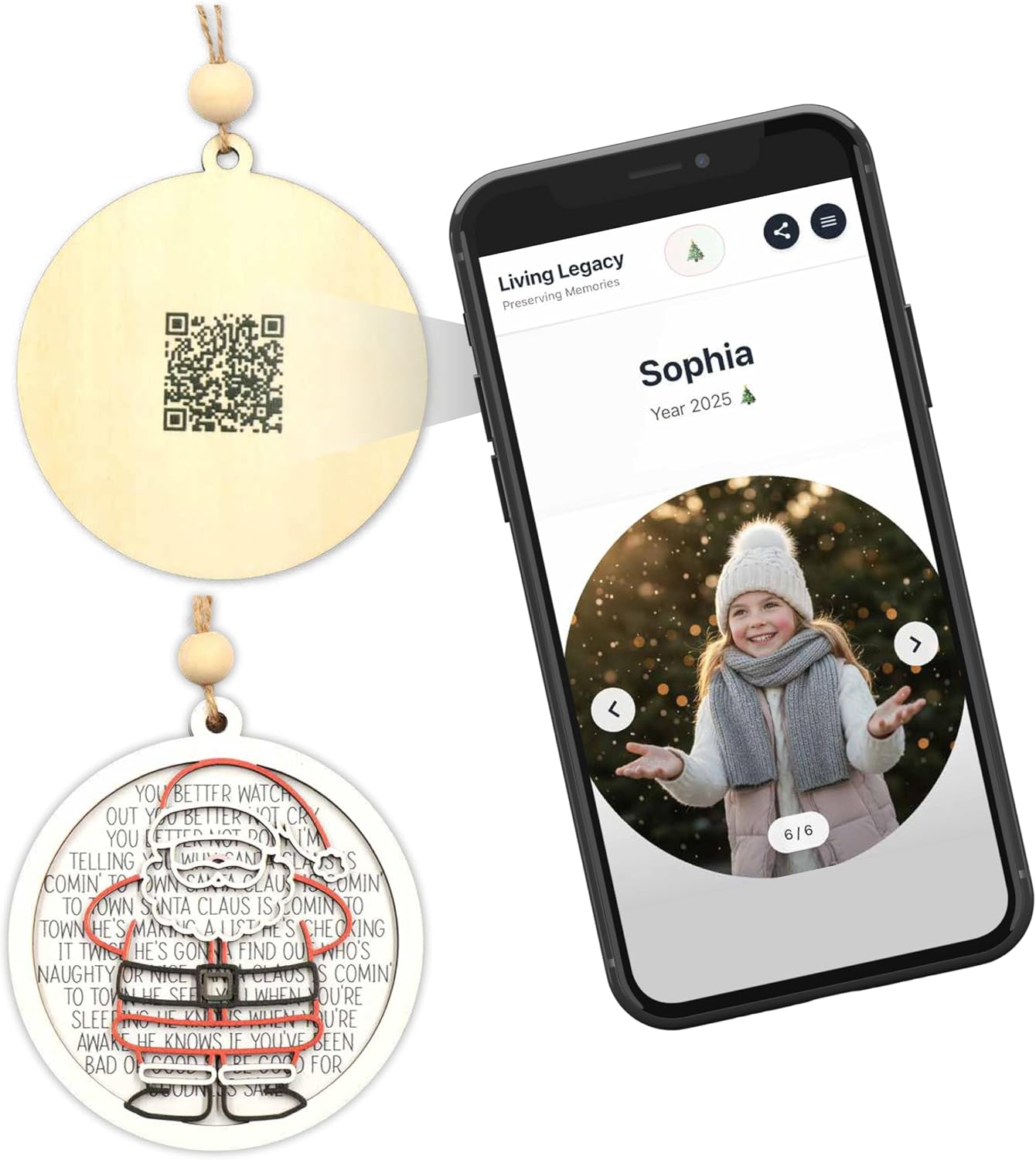 Living Legacy Santa QR Code Ornament – Wooden Santa Christmas Ornament
