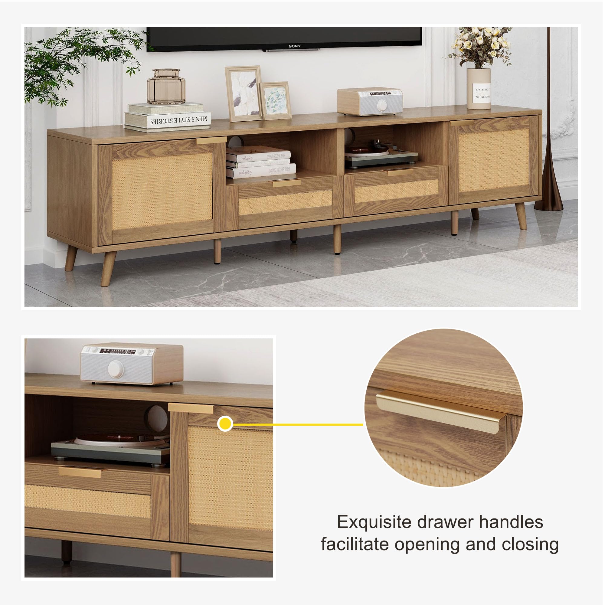 Mobile TV in rattan con piedi in legno massello, per TV fino a 49", larghezza 200 cm, effetto rovere, regolabile in altezza, stile rustico