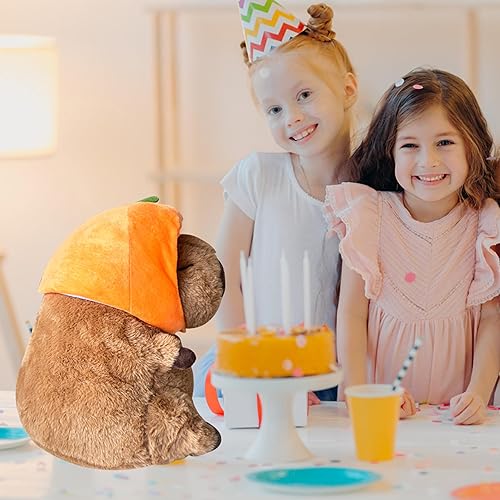 Miniatura 4 de Capybara - Juguete de peluche suave Capybara, juguete de peluche de animal de simulación Capybara, sombrero naranja, regalo para niños y adultos,
