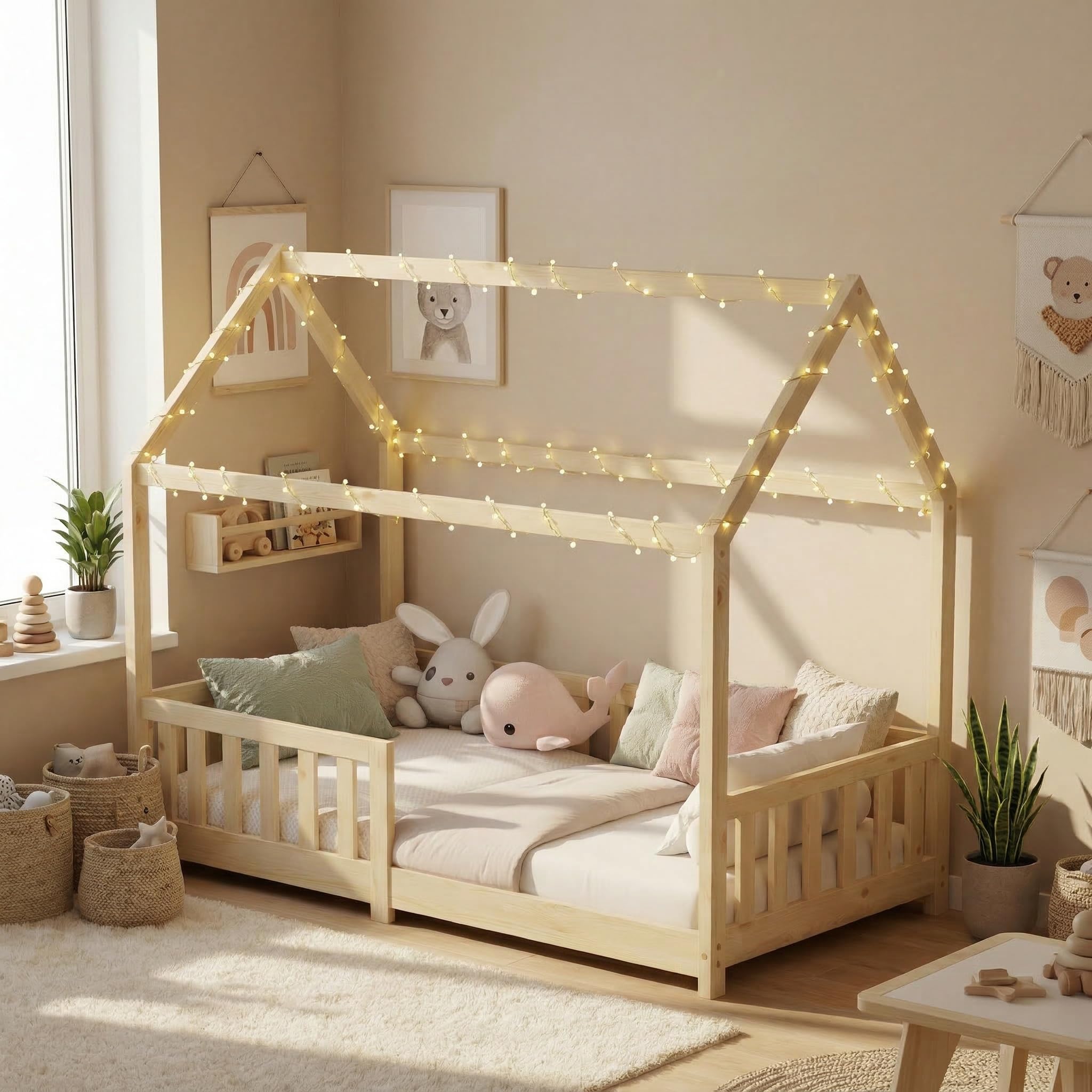 ecomi® Cama Infantil con Protección Anticaídas y Somier, Cama de Casa - Cuna 90x200 /80x160 cm en Blanco/Natural para Niños (Natural, 90x200)