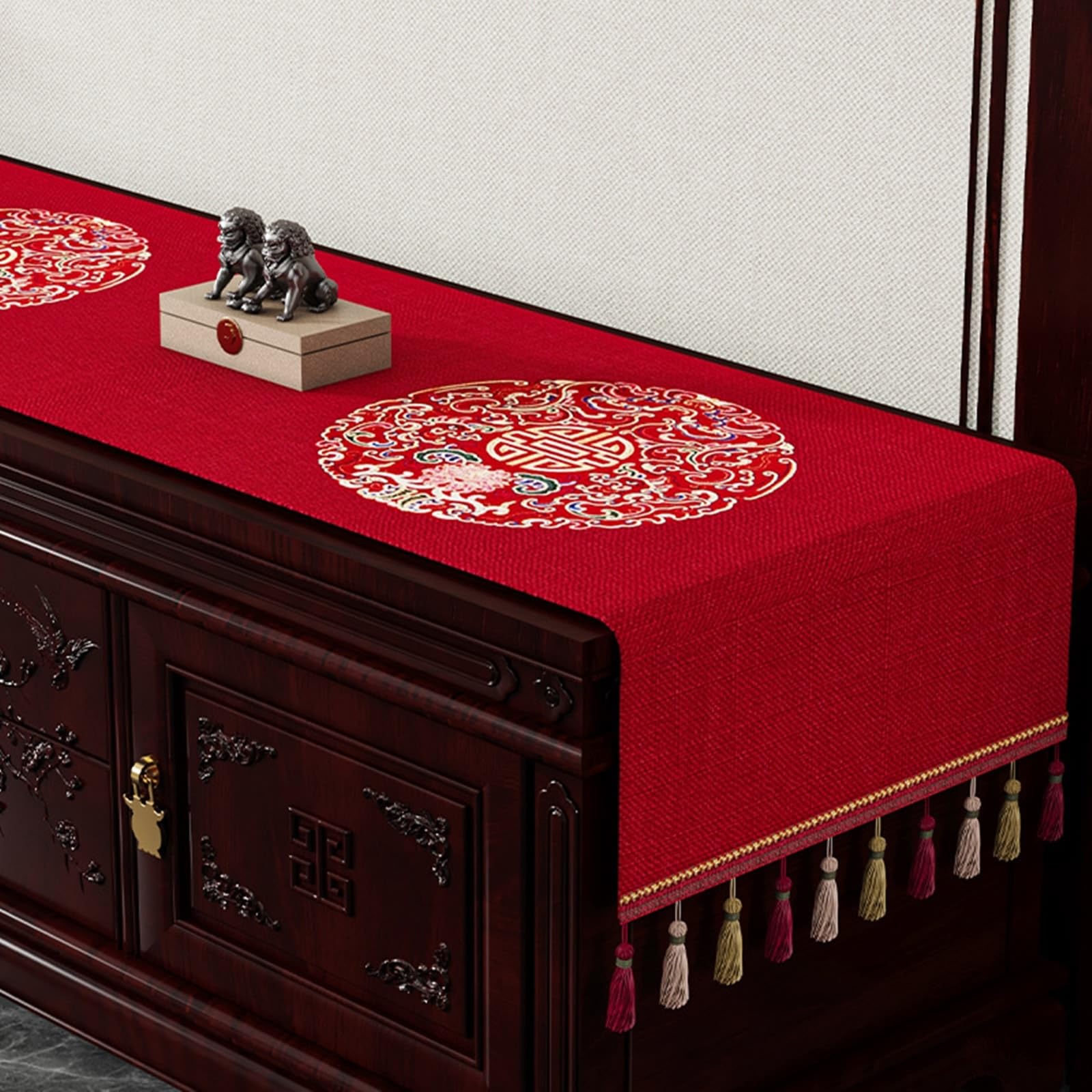 Runner da tavolo, rettangolare, stile cinese, ricamato, motivo floreale con nappe, runner da tavolo, in poliestere, decorazione da tavolo, decorazione da tavolo, decorazione moderna, 50 x 200
