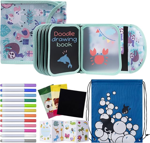Erasable Drawing Pad, 8inch Plane Activities for Kids, Mint Color Animal Party Travel Toys Doodle Book for Kids 3 4 5 6 7 8 Year Old Boy Girl Birthday Gifts, 14 Pages for Magic Drawing with 12 Marker
