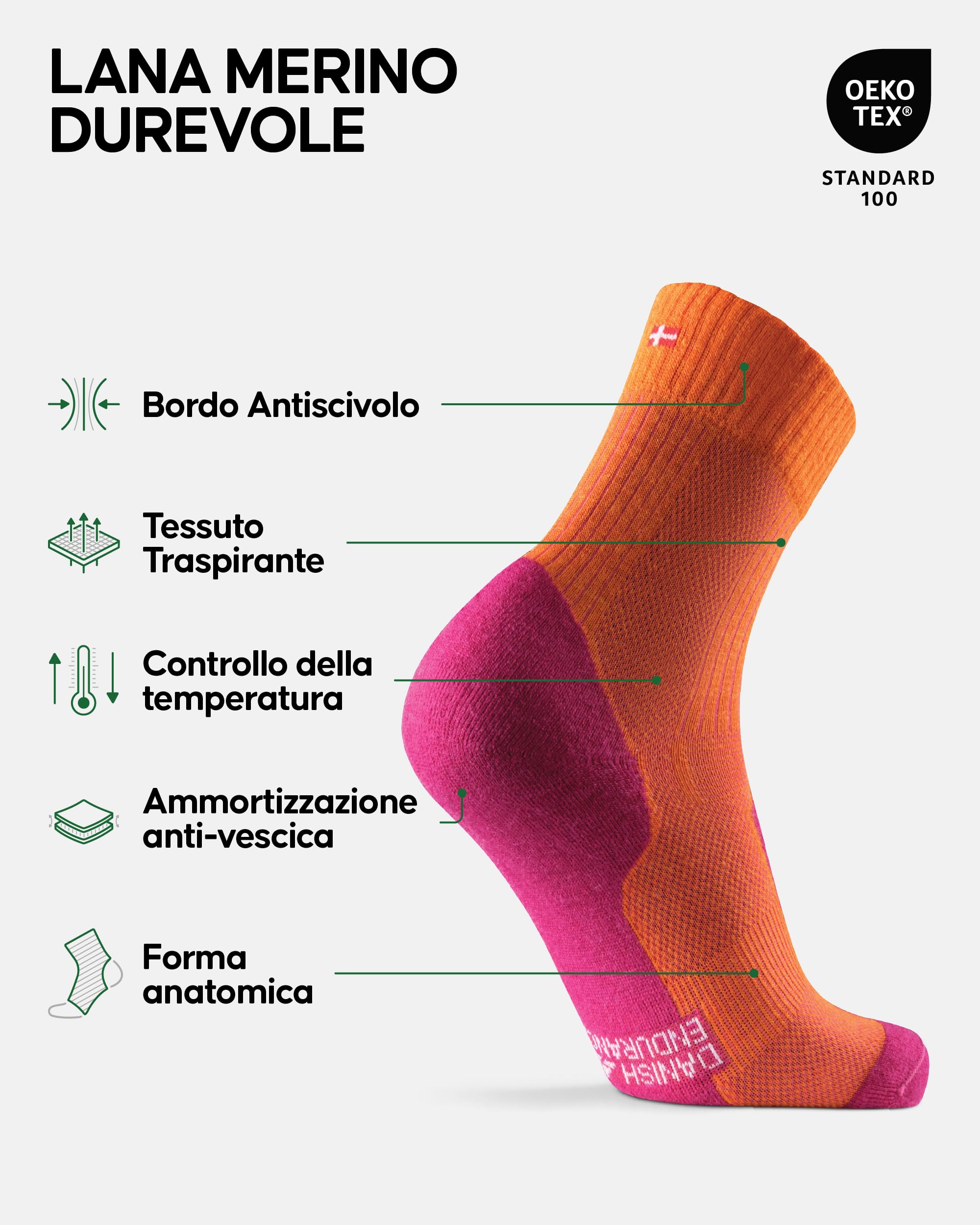 DANISH ENDURANCE Calze Trekking Lana Merino, Calze Termiche Anti-Vesciche, Traspiranti, Calzini Invernali Escursionismo Unisex, 1 o 5 Paia