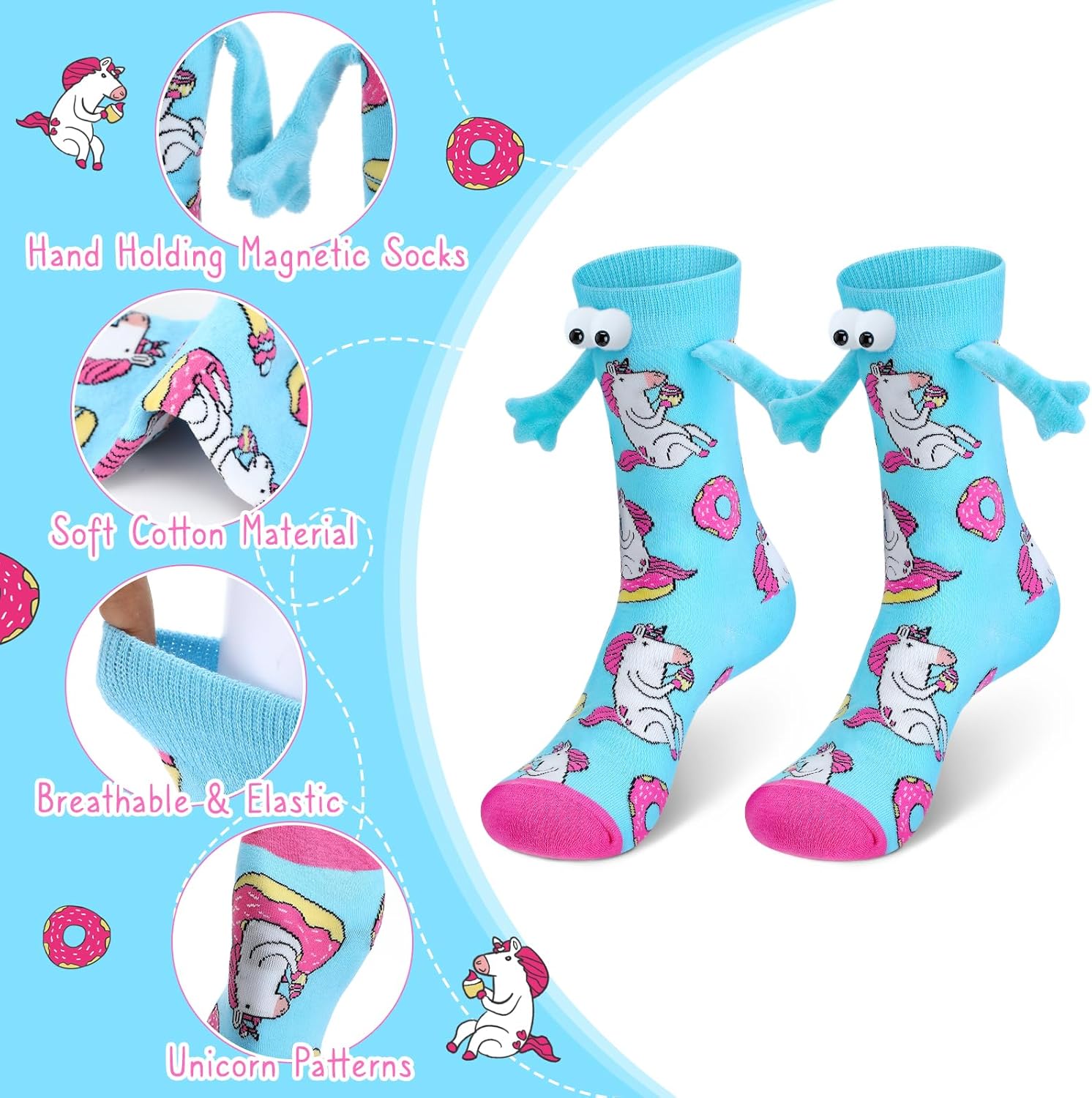 Novelty Magnetic Hand Holding Socks Funny Unicorn Donut Happy Birthday Holding Hands Sock for Girls Blue Pink Cute Crazy Animal Couple Socks Graduation 2025 Gifts - Image 4