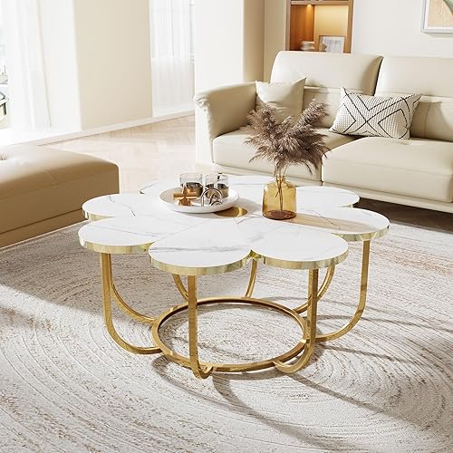Miniatura 5 de Tribesigns Mesa de centro blanca y dorada, pieza central moderna de 39.37 pulgadas con mesa de mármol sintético en forma de flor y marco de metal