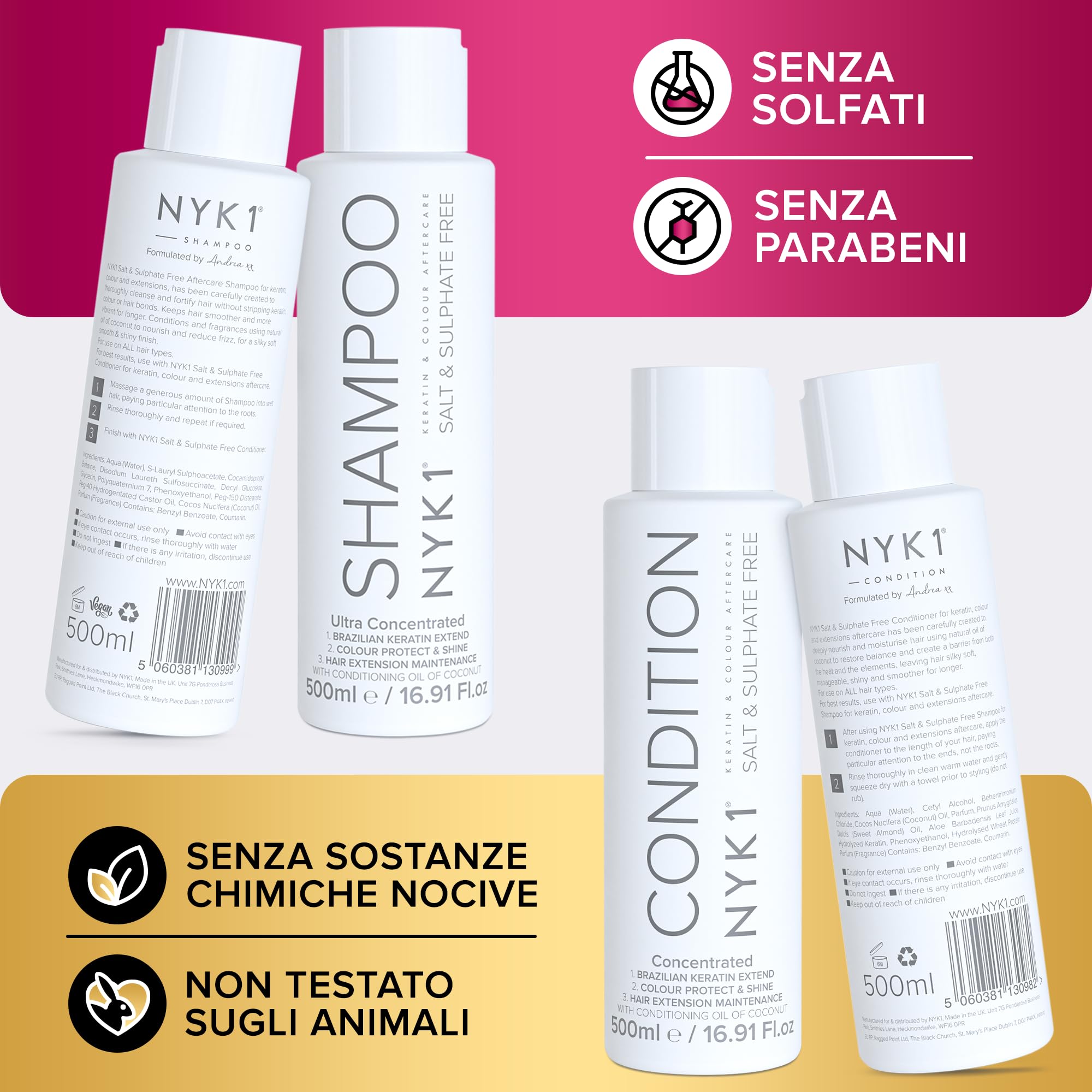 NYK1 Set Di Shampoo Senza Solfati E Balsamo (500ml x 2) Set Di Shampoo Senza Sale Post Cheratina E Balsamo Per Extension E Capelli Colorati - Detersione Delicata E Previene La Rottura Dei Capelli