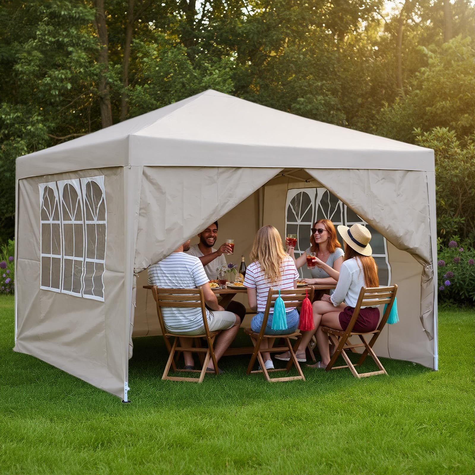 Pop Up Gazebo With Four Sides, 2x2m, 2.5x2.5m, 3x3m, Metal Frame Outdoor Party Shelter Tent, With Windows, Carry Bag (Beige, 2.5mx2.5m)