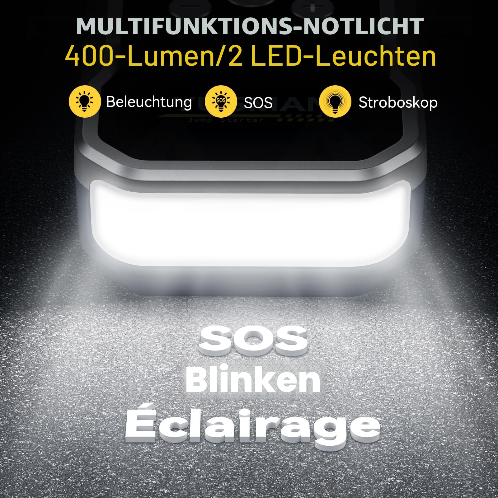 YUSMAN Starthilfe Powerbank mit Kompressor | 8000A Auto Starthilfe für alle Benzinmotoren & 8L Diesel | 160PSI Luftpumpe mit LCD & Multifunktions-Taschenlampe