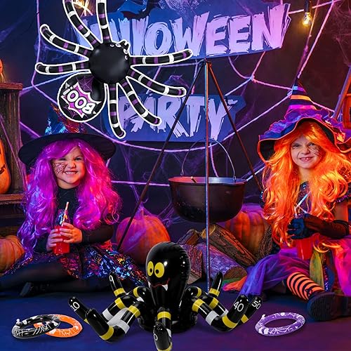 Miniatura 7 de Max Fun Juegos de lanzamiento de anillos de Halloween para niños, paquete de 2 arañas inflables, suministros de fiesta de Halloween, carnaval,